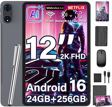 2026 12 Inch Tablet, Android 16 Tablet with Keyboard, 24GB+256GB+2TB Expand, 2K Gemini AI Tablets PC with 8-Core, 8000mAh, 5G WiFi, 16+8MP, GPS, 2 in 1 Large Tablets with Case, Mouse, Stylus Silver