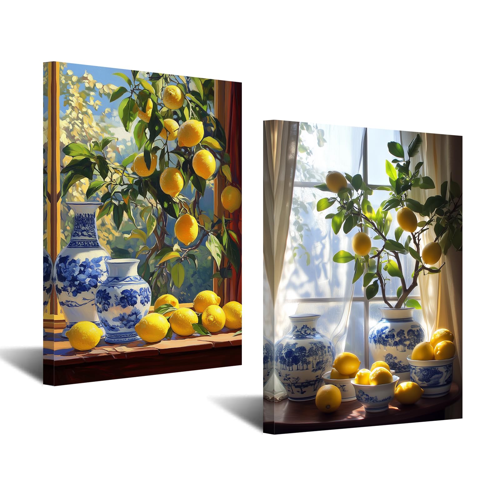 CXHOSTENT Kitchen Lemon Wall Decor 2 Panel Lemon Tree Pictures Wall Art Yellow Citrus Fruit Print Botanical Painting Farmhouse Artwork for Dining Room (Yellow, 24x36inchx2 Pieces)