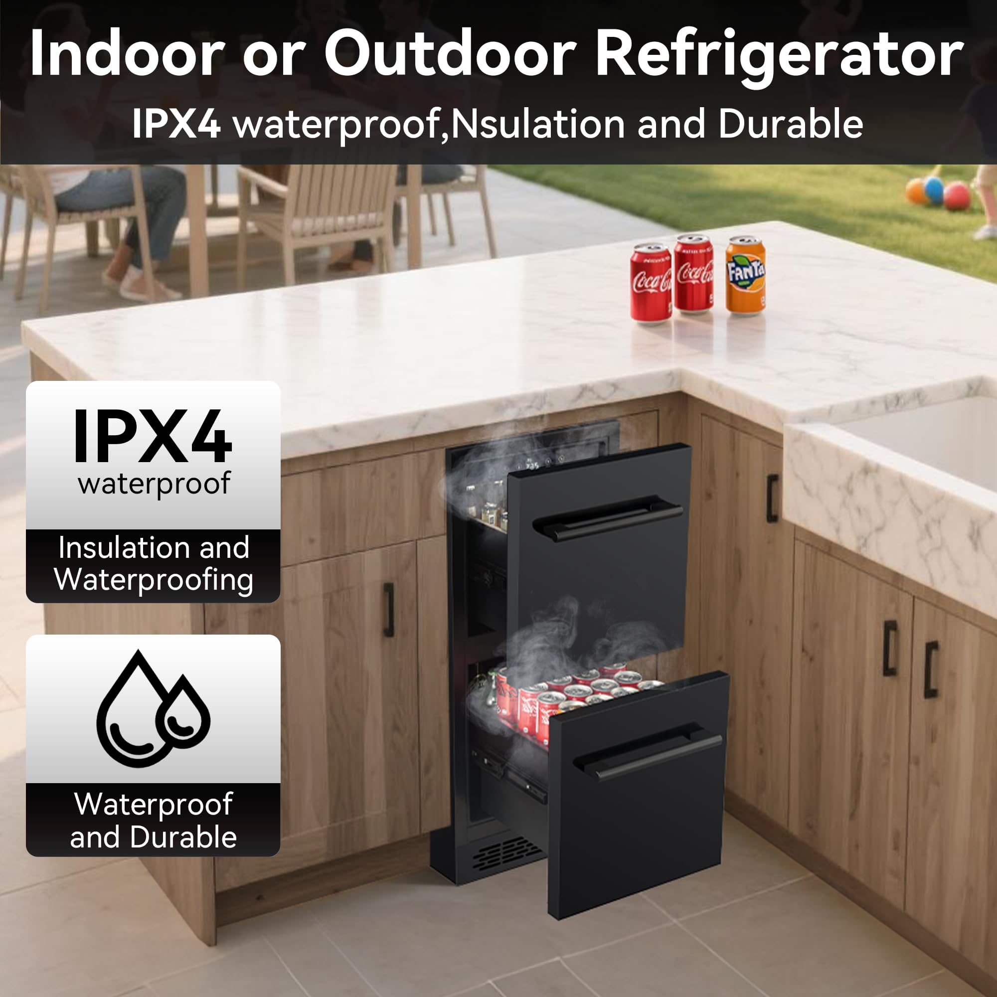 15 Inch Double Drawer Beverage Refrigerator, 3.39 Cu.Ft. Under Counter Fridge, Waterproof All Black Stainless Steel Beverage Fridge,Low Noise Rapid Cooling For Indoor, Outdoor, Kitchen, Patio on Fridge.com - View 5