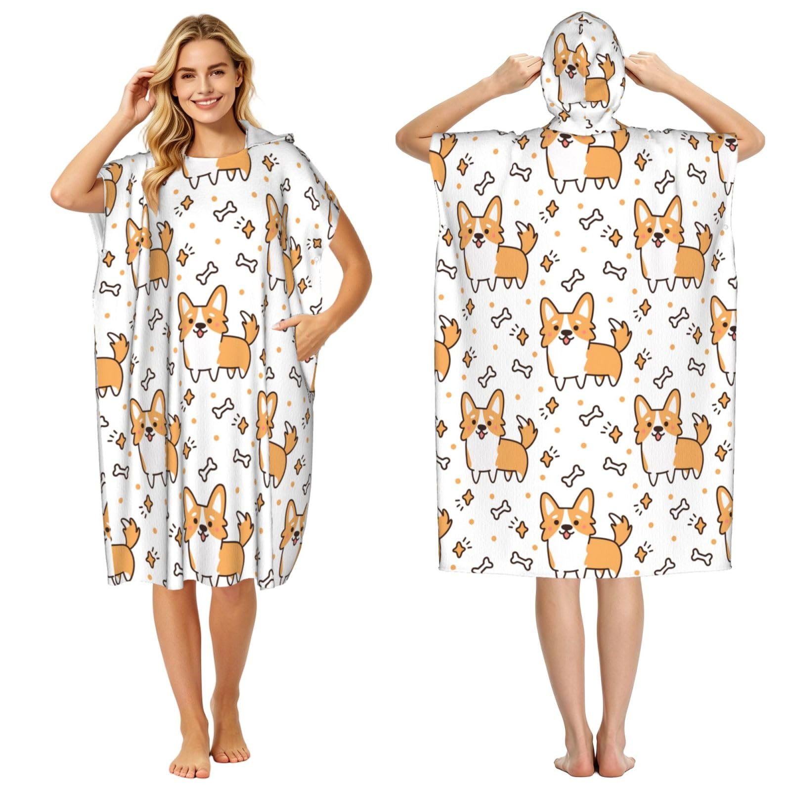 Poadnly Cute Corgi Dog And Bone Pattern, Adult Hooded Beach Towel 90 x 110 cm,Changing Bath Robe, Surf Poncho Towel For Women Men