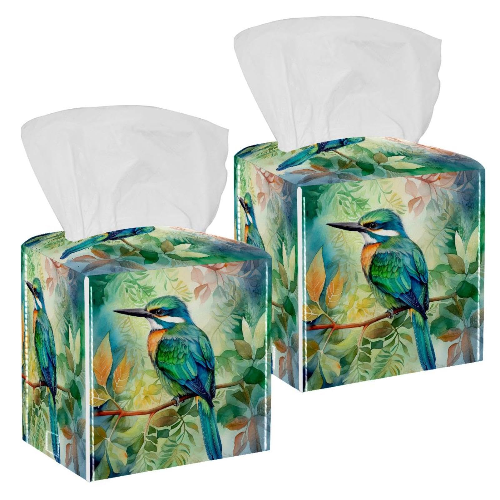 Watercolor Bird Tissue Box Cover, 2 Pack PU Leather Square Facial Tissue Dispenser Box holder for Home Office Car