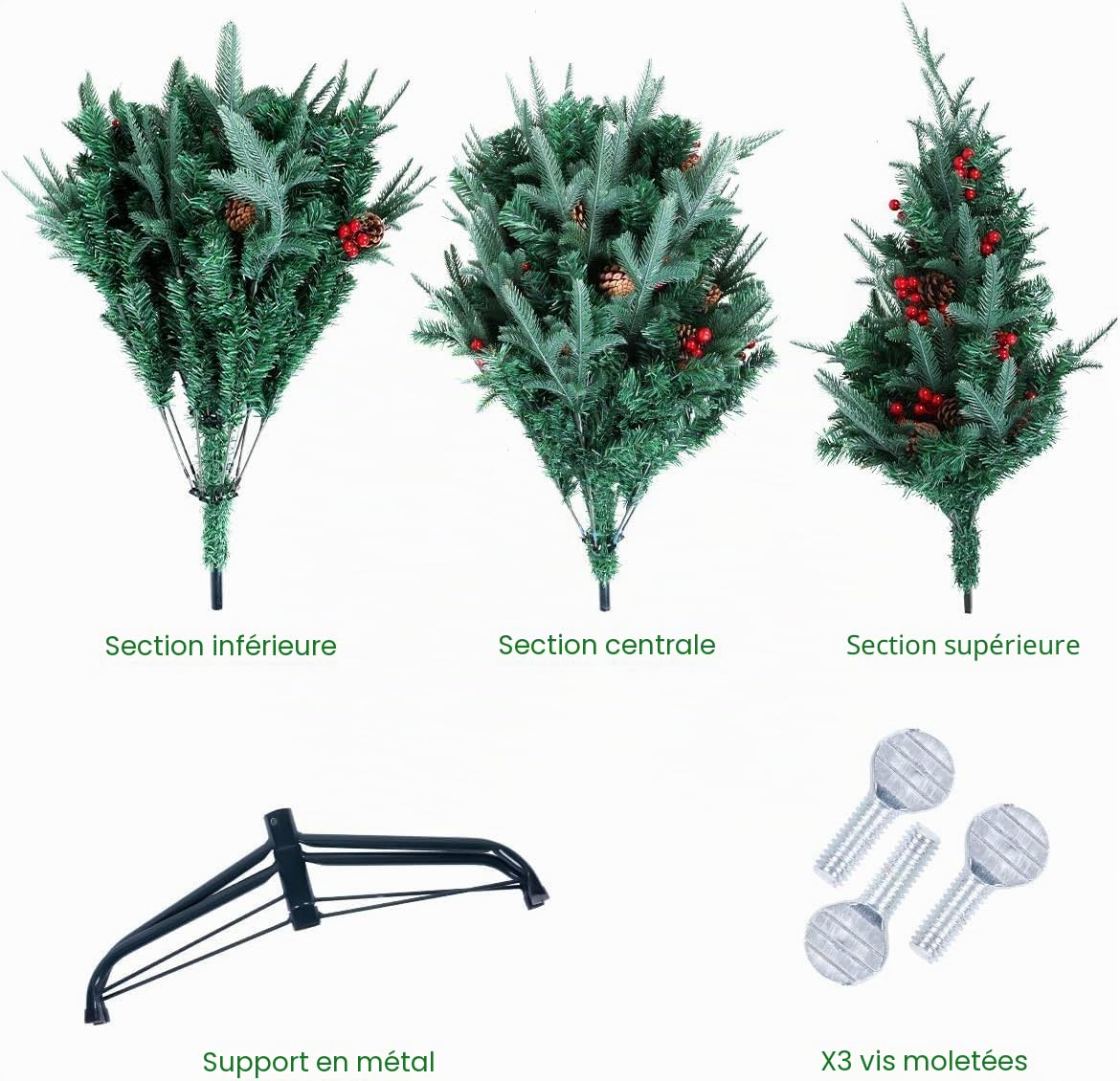 himaly Sapin de Noel Artificiel 210cm, 900 Branches, 60 Pommes de Pin Vraies, 60 Fruits Rouges, et Support en Métal Robuste, Matériau en PVC, Décoration Noël