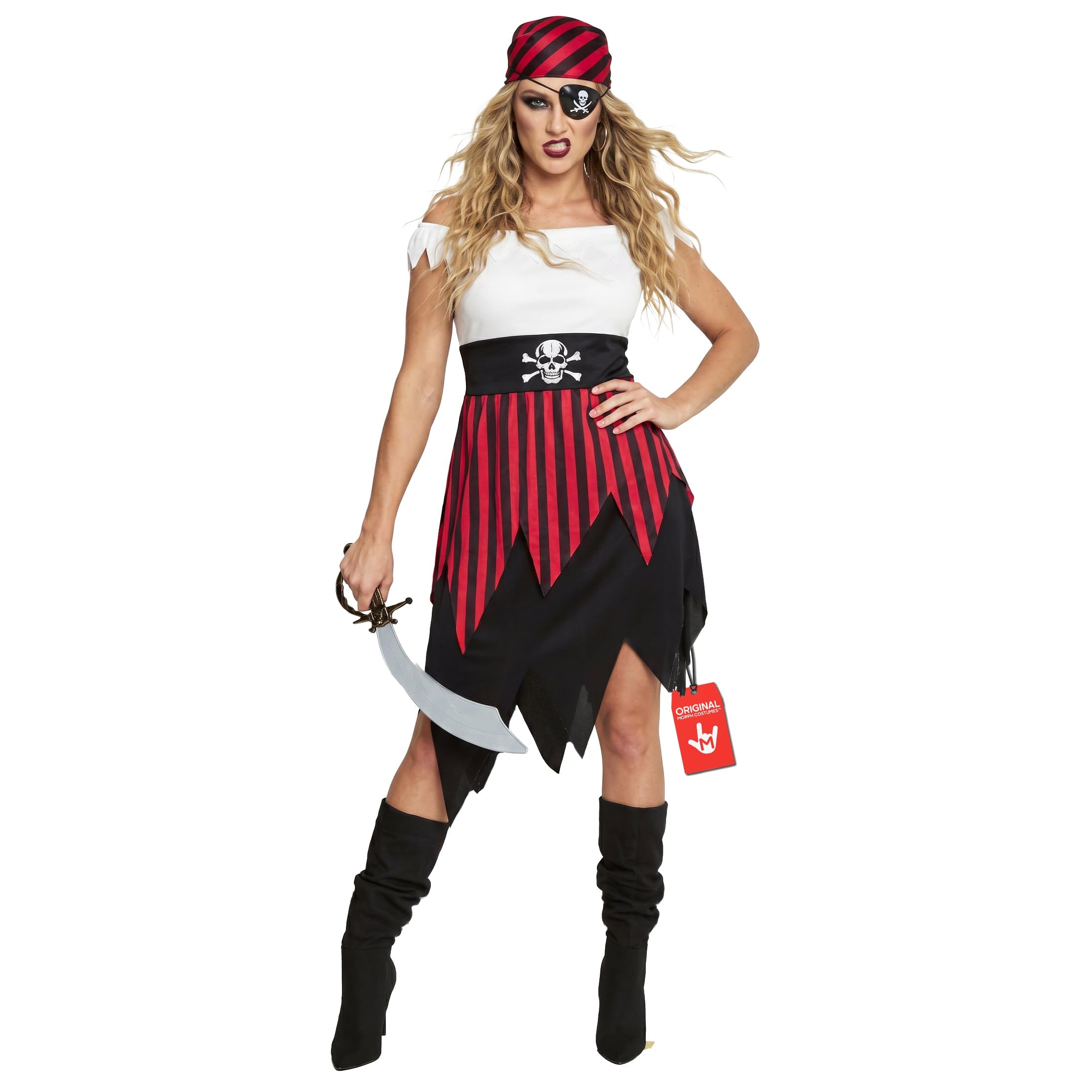 Morph Deguisement Femme Pirate, Costume Flibustiere Halloween Femme | Robe, Bandana & Cache-Œil Assortis, Look de Flibustière, À Enfiler, Parfait pour Halloween, Idéal pour se Déguiser