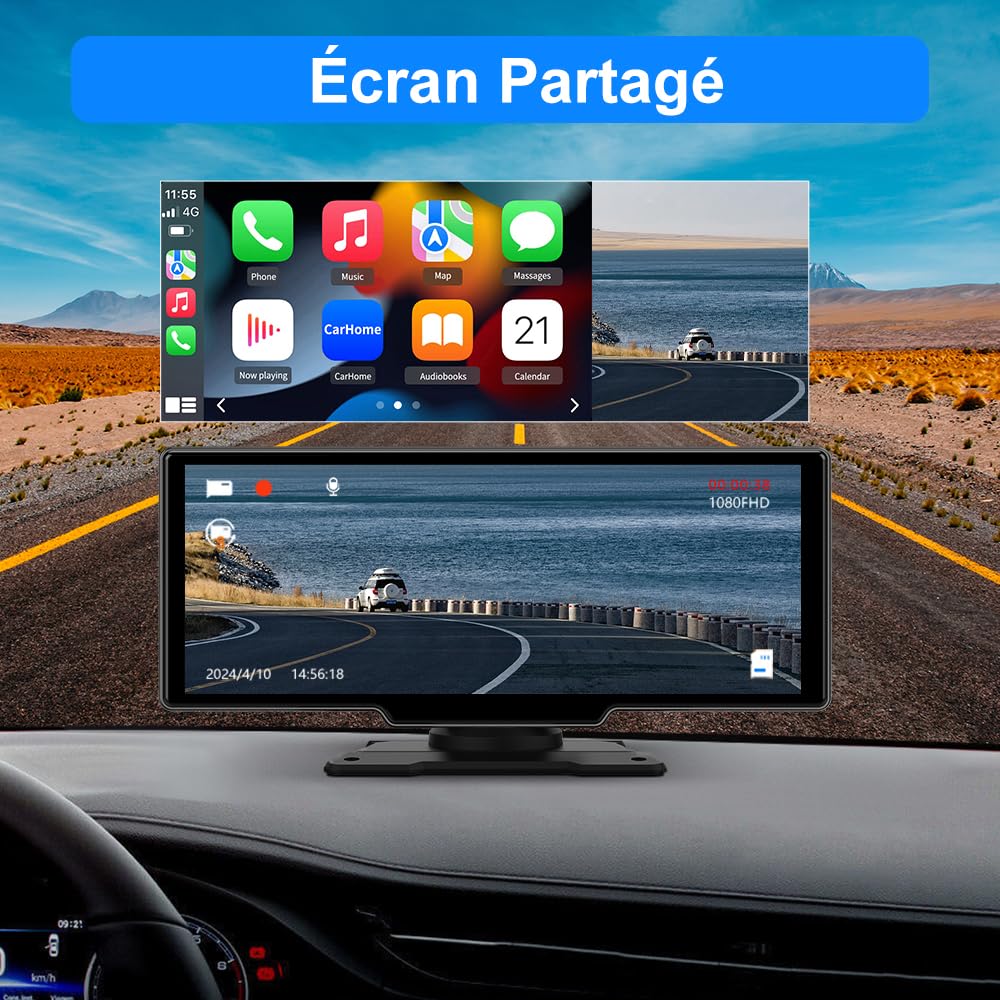 AWESAFE Écran Carplay Voiture & Android Auto,10,26” avec Dashcam Avant 4K, Caméra Arrière 1080P Inclus, Commande Vocale, BT/GPS/FM/AUX