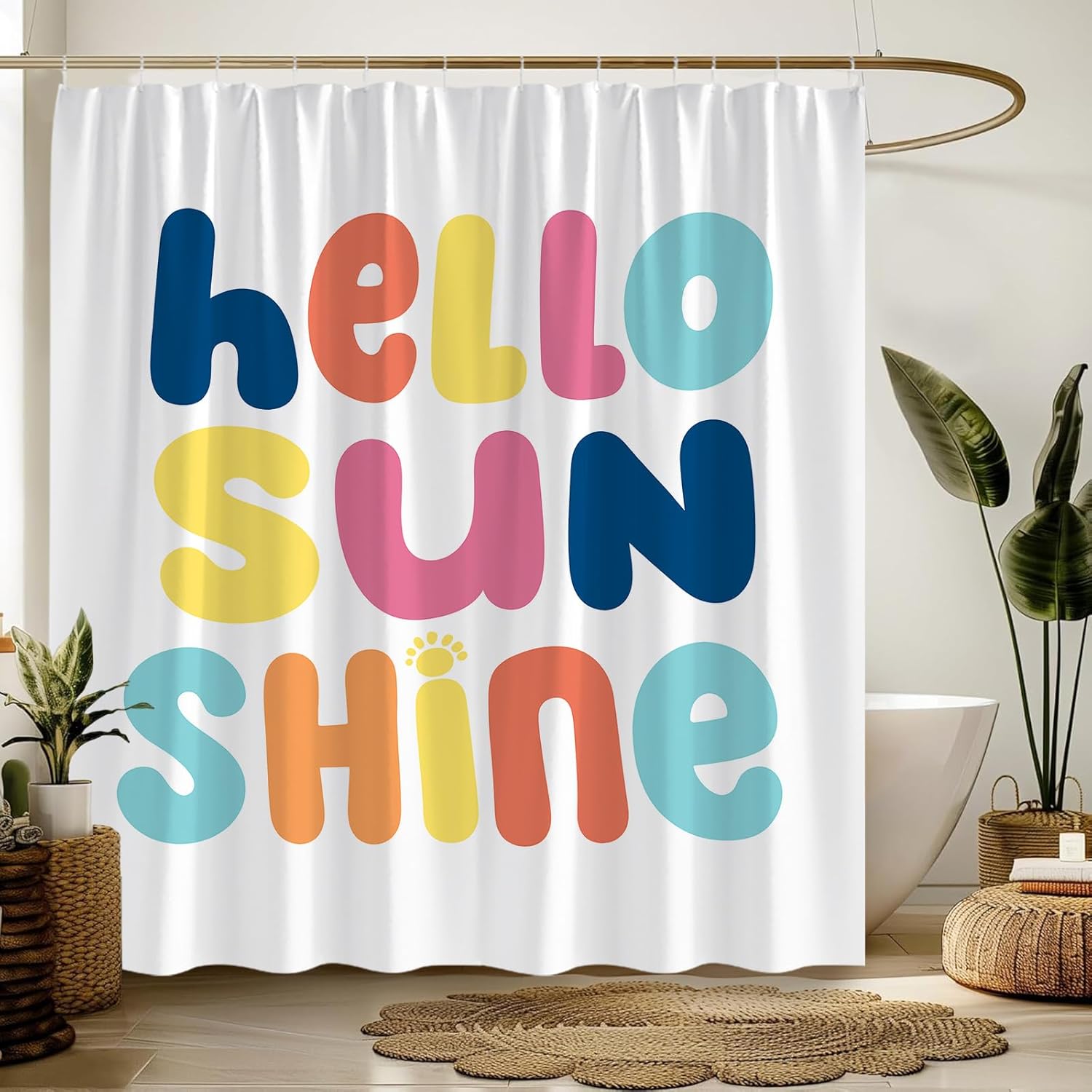 Hello Sunshine Shower Curtain Funny Quotes Colorful English Letter Hello Sunshine Sun Simple Classic Cartoon Creative Art Polyester Bathroom Decor Sets Curtain with Hooks,White
