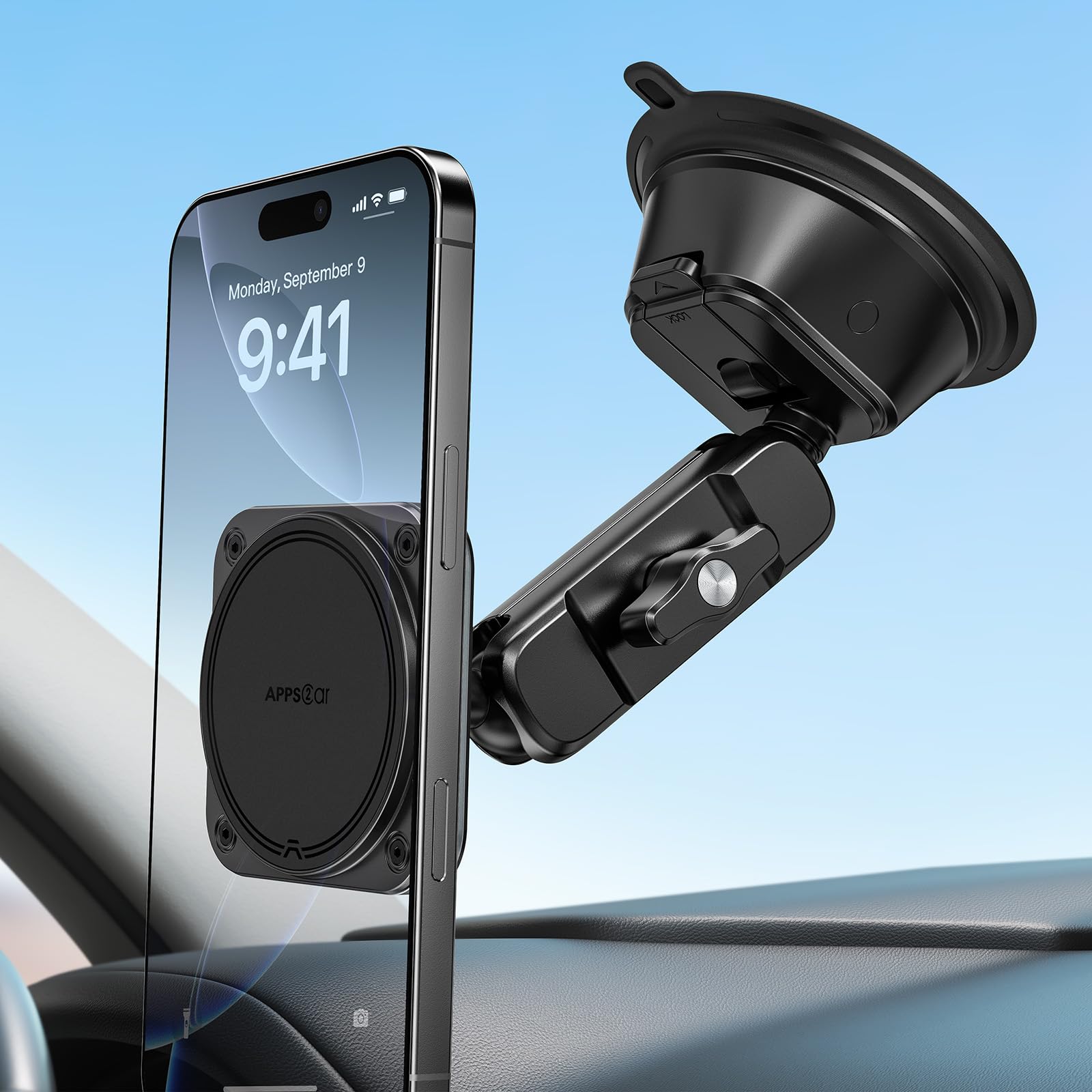 APPS2Car Heavy-Duty Vacuum Suction Phone Mount Industrial 20x N55 Magnet Alloy Arm Ultra-Stable Suction Cup for iPhone MagSafe