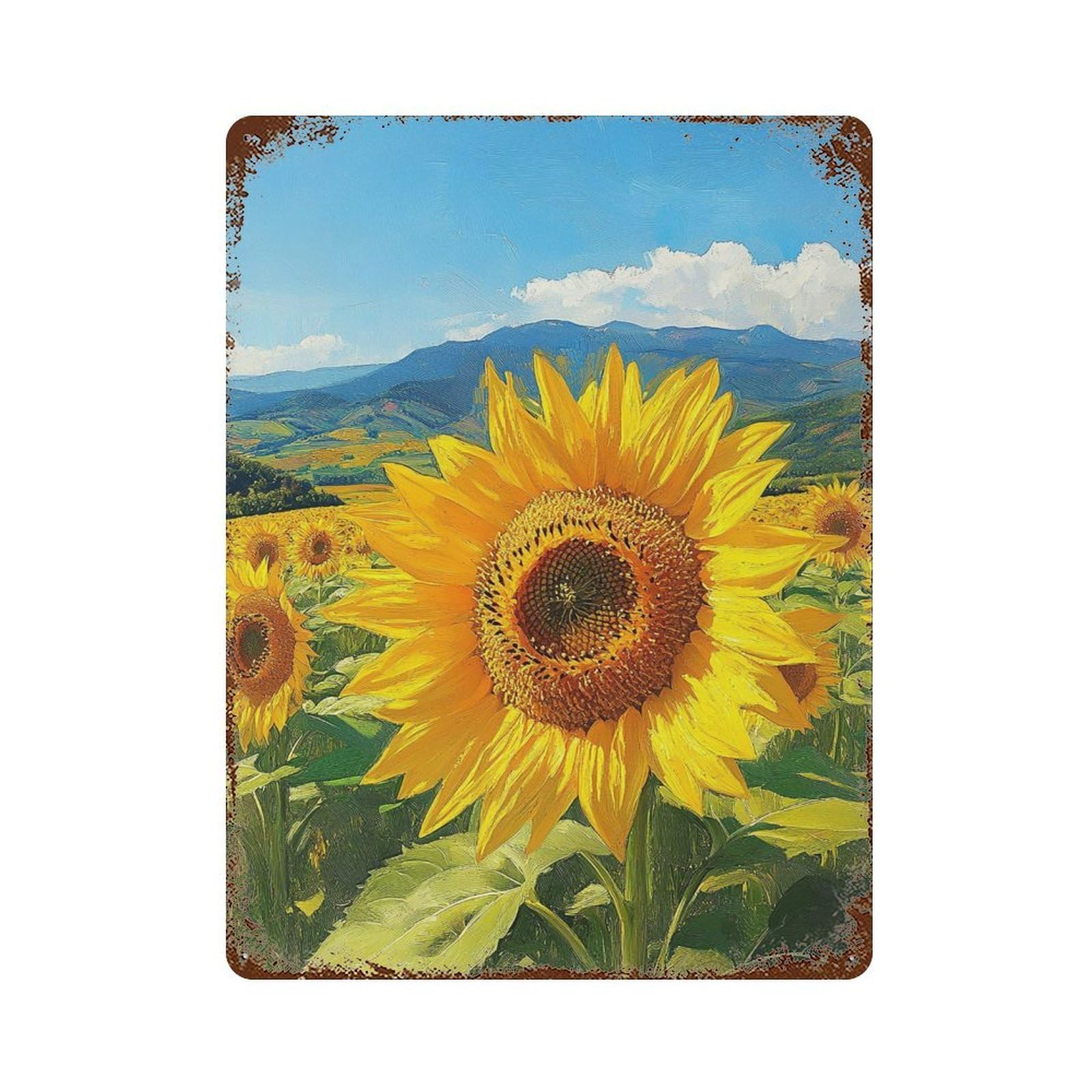 Garage Style Sunflower Field Landscape Decorative Tin Sign 15.7"x11.8", Industrial Home Decor for Bar And Workshop