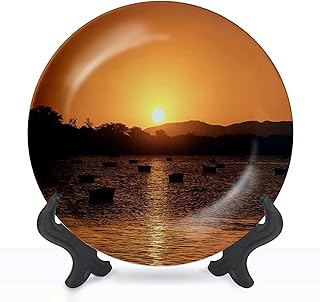 Decorative Plates for Display with Stand Golden Sky Fishing Boats Sunset Buzios de Janeiro Brazil Ceramic Dinner Plates for Wall Hanging Kitchen Housewarming Gifts Home Decor 8"