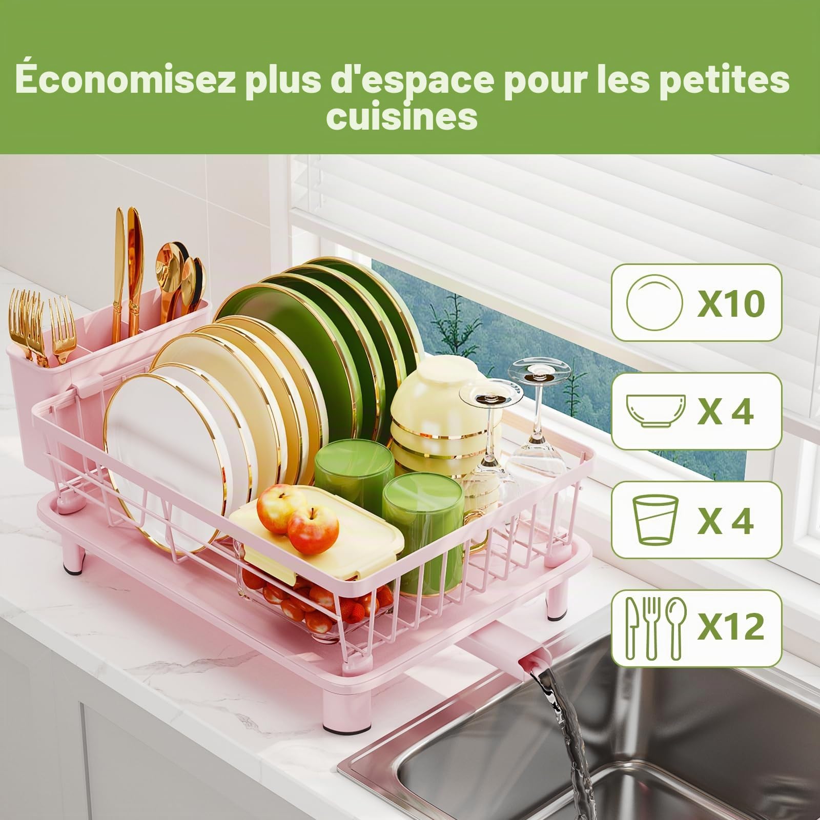 GHERISN Égouttoir à vaisselle avec plateau d'égouttement, égouttoir à vaisselle avec bec de drainage, égouttoir à vaisselle en acier inoxydable avec tasses, ustensiles et planches à découper pour