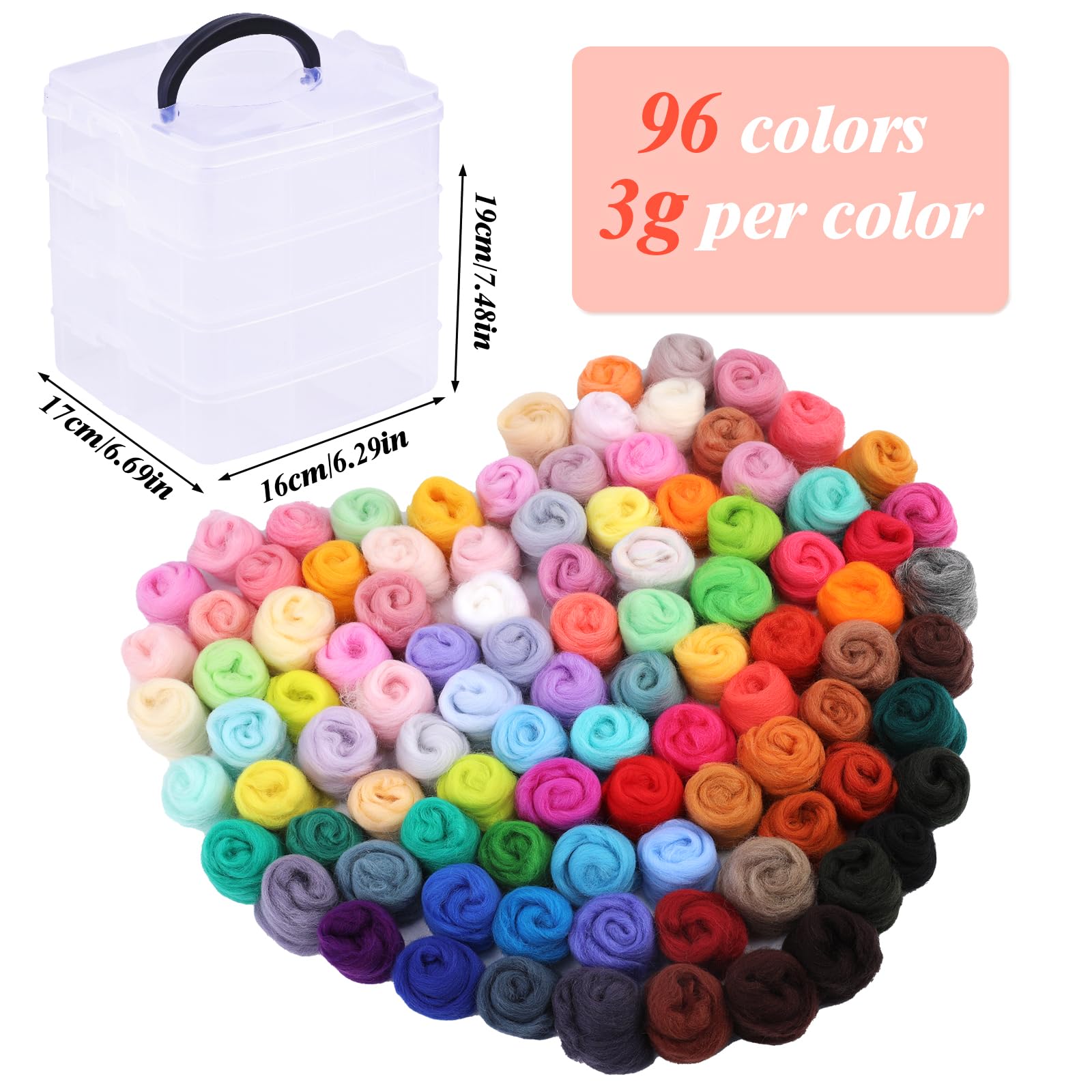 Axmru Kit per infeltrimento ad ago, 96 colori, per filati, per infeltrimento di lana, con scatola trasparente a 4 strati, per filatura a mano fai da te e creazioni fai da te