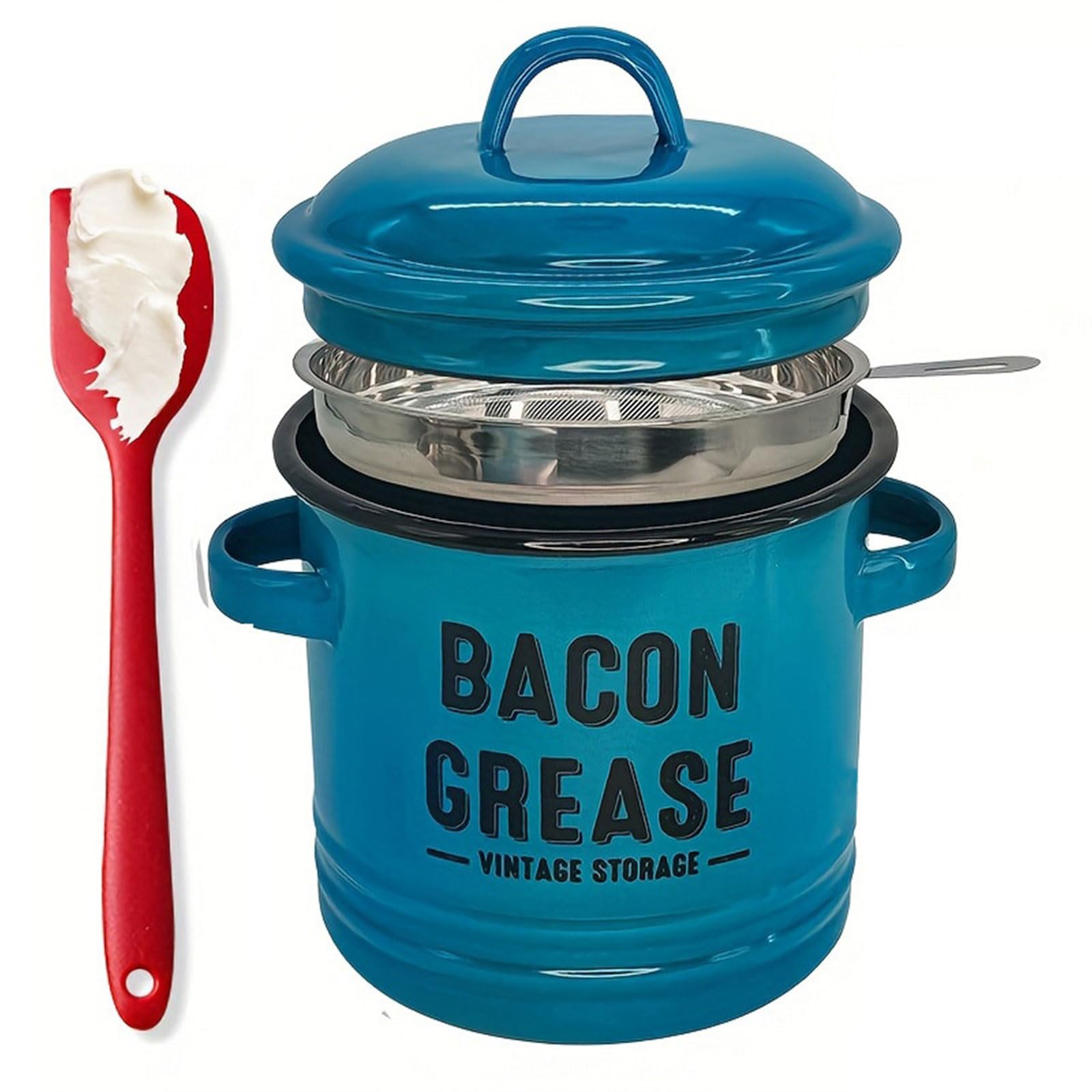 Shurhome Multipurpose Enameled Grease Keeper with Strainer and Silicone Spatula for Preserving Bacons Drippings Fat and Kitchen Use Bacons Fat Keeper