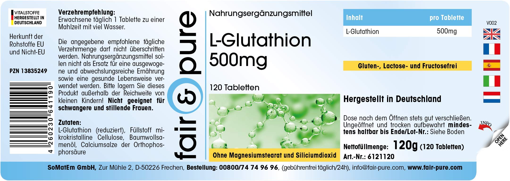 Fair & Pure L-Glutathion 500mg, 120 Tabletten, reduziert, hochdosiert, Nahrungsergänzungsmittel vegan ohne Magnesiumstearat, in Deutschland hergestellt (Packung mit 2)
