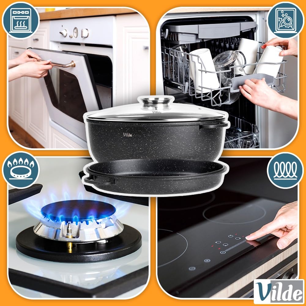 Vilde Granitowa patelnia z pokrywką 39 x 26,5 x 18 cm – brytfanna 8 l + 3,2 l – piekarnik 2 w 1 z grillem – powłoka granitowa, do kuchenek indukcyjnych, gazowych, elektrycznych