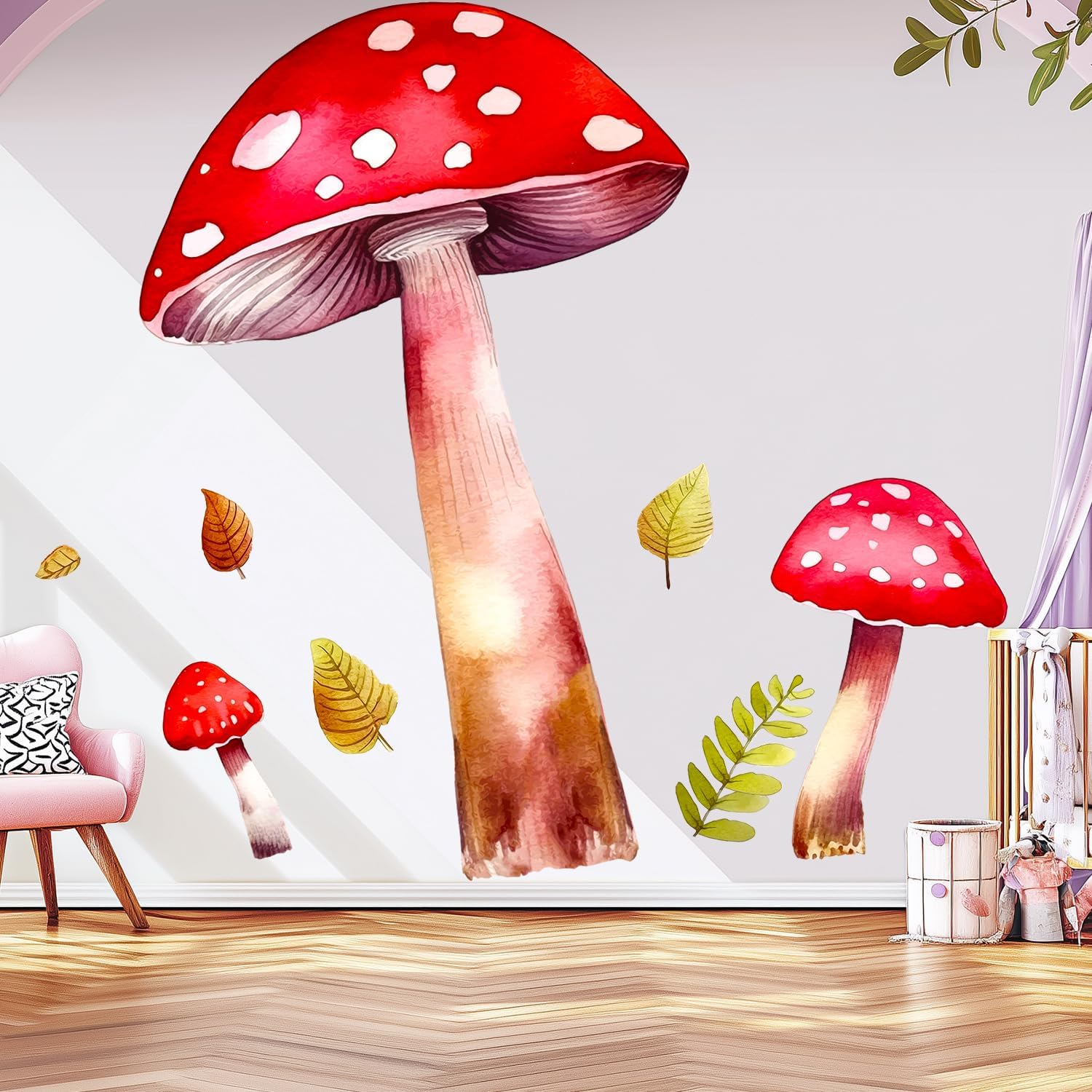 Large Watercolor Mushrooms Wall Decals Peel and Stick, Painted Leaves Vine Fabric Removable Wall Stickers & Murals, Home Room Wall Decor for Children’s Baby Boys Girls Bedroom Living Room