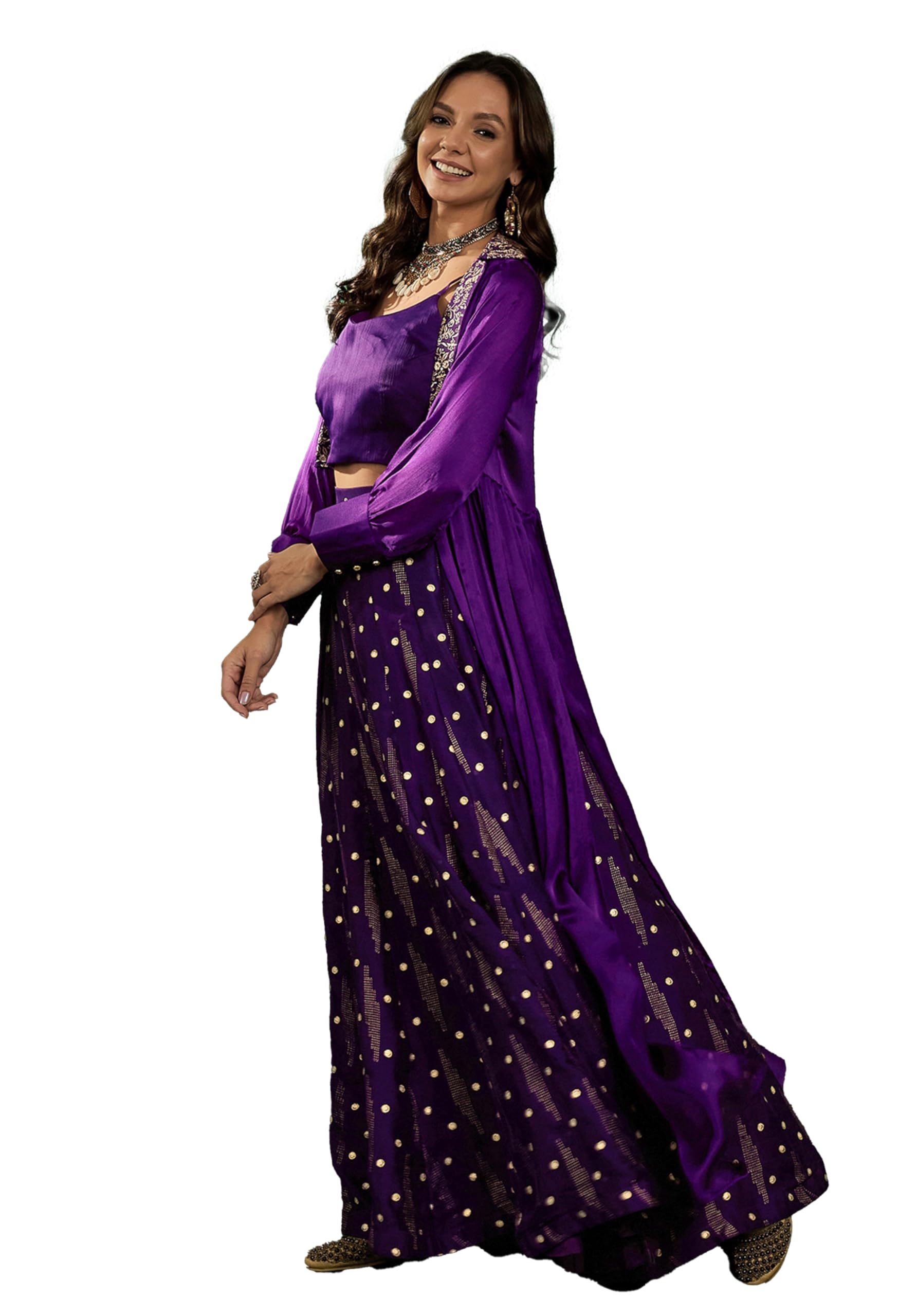 LYMI LABELFusion Set For Women's - Purple Chiffon Top With Printed Lehenga And Zari Sequence Embroidered Shrug For Women, Traditional, Ethinc, Wedding, Fusion Wear