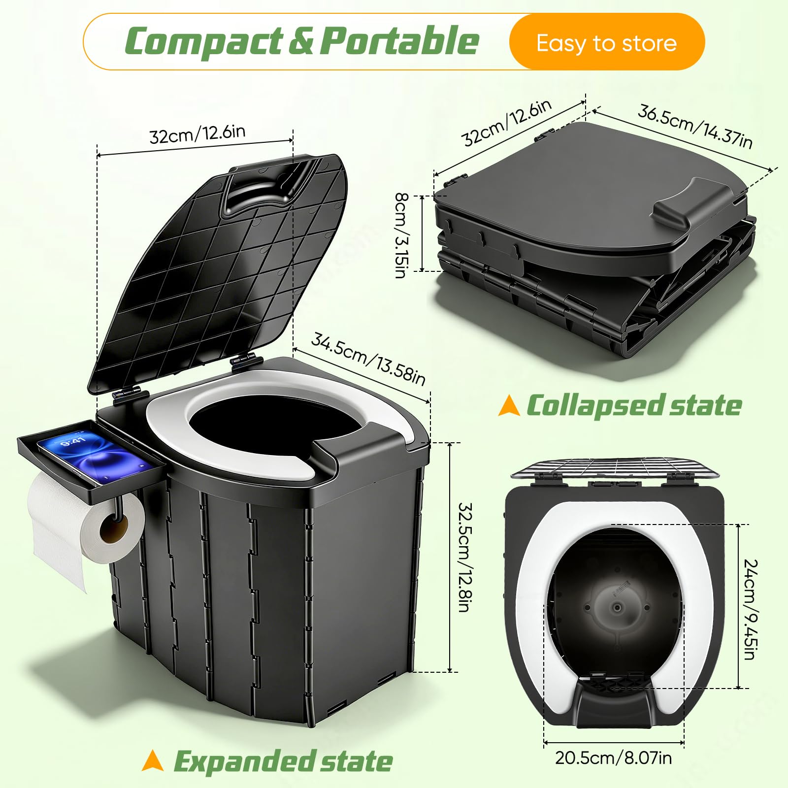 Toilettes de camping compactes et pliables - Hauteur d'assise : 42 cm - Pour adultes - 200 kg - Capacité de 5 l - Avec sac de rangement et sac poubelle - Accessoire de camping parfait pour l'extérieur