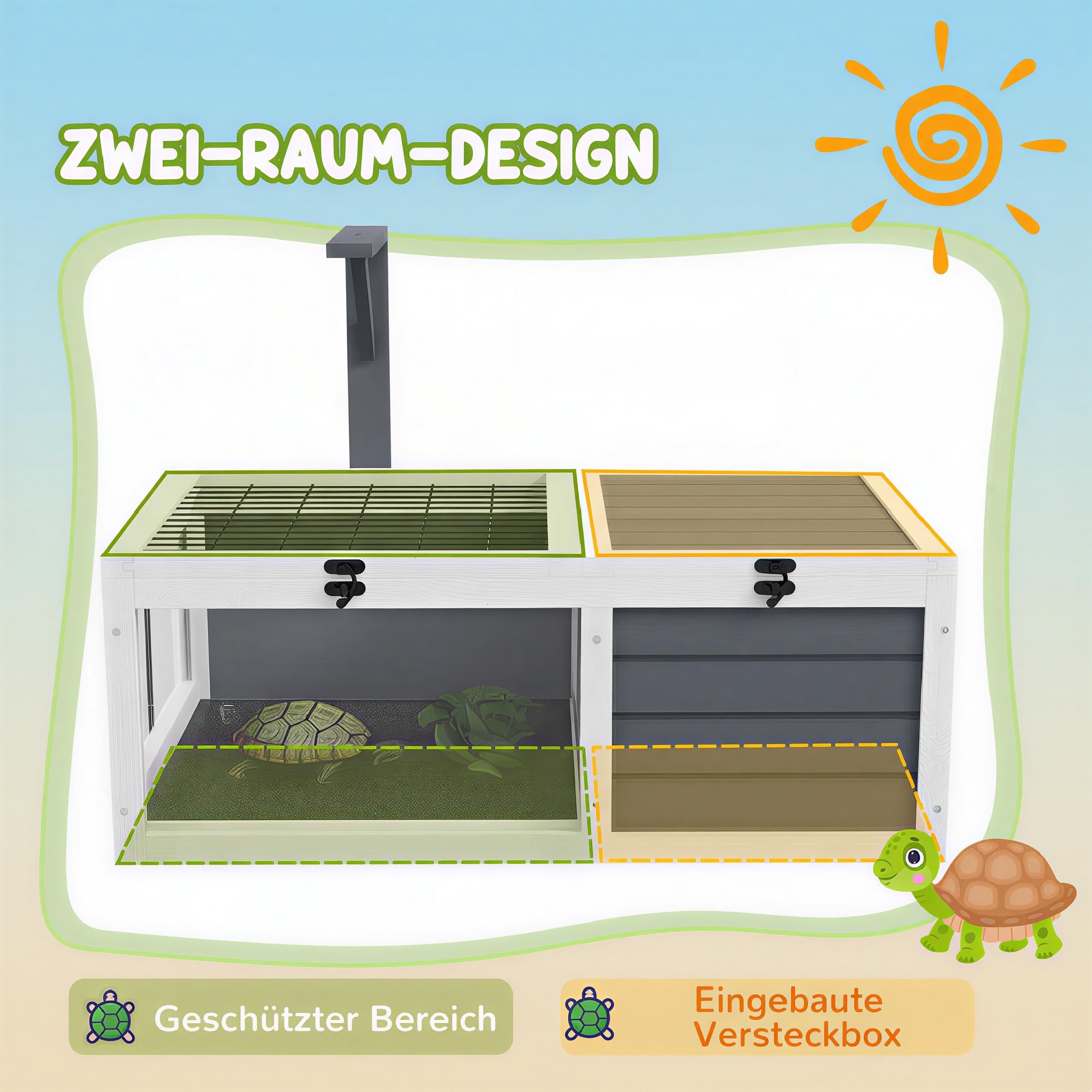 PawHut Schildkrötenhaus mit Haupthaus Sichtfenster für Schildkröten Grau | Aufklappbarer Deckel, Lampenfassung, Schildkrötengehege, Outdoor-Reptilienkäfig, für Reptilien und Eidechsen, aus Holz