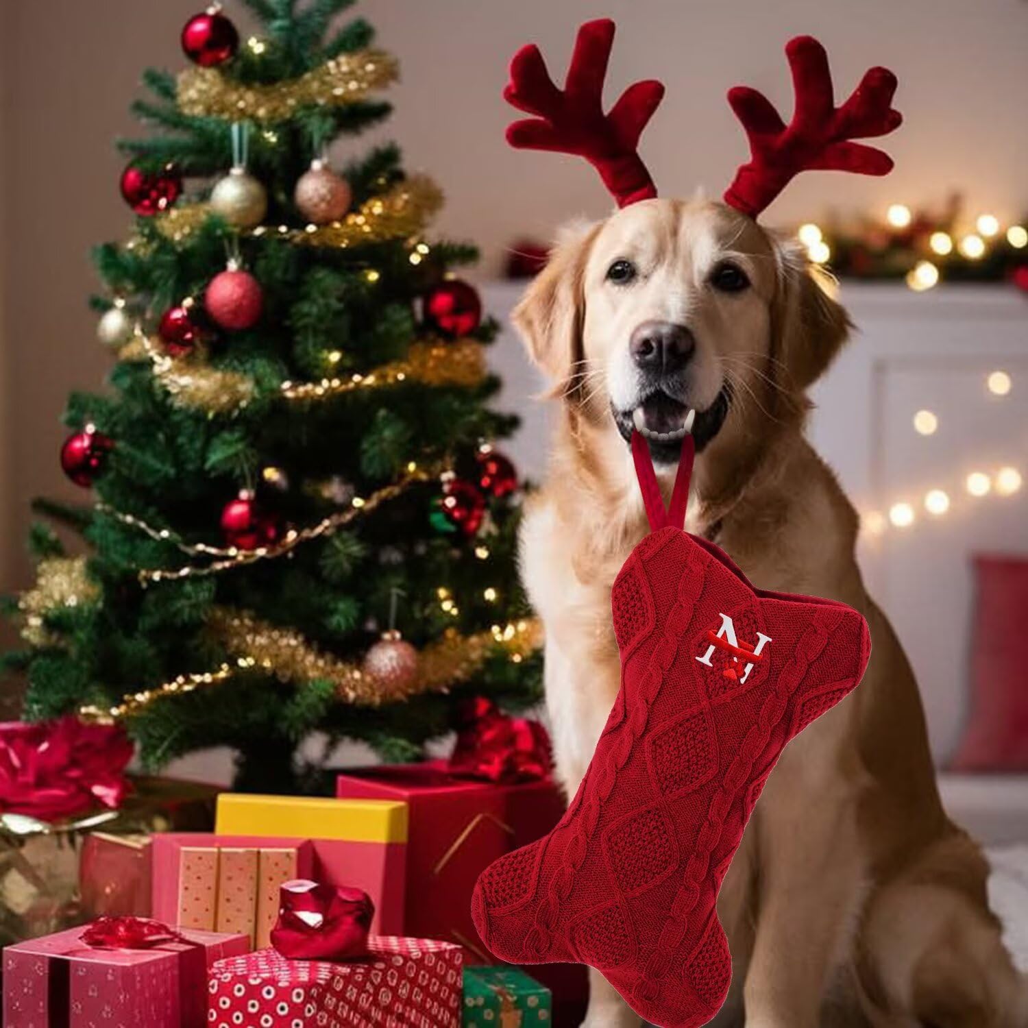 Dog Christmas Stocking with Initials, Bone Shape Monogrammed Pet Stocking
