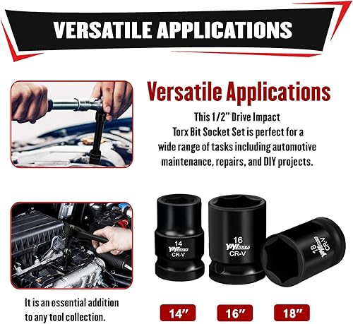 Miniatura 6 de Juego de llaves de vaso de impacto poco profundas de 12 pulgada (0.315-0.945 in), juego de llaves métricas, 6 puntos, acero CR-V para mantenimiento