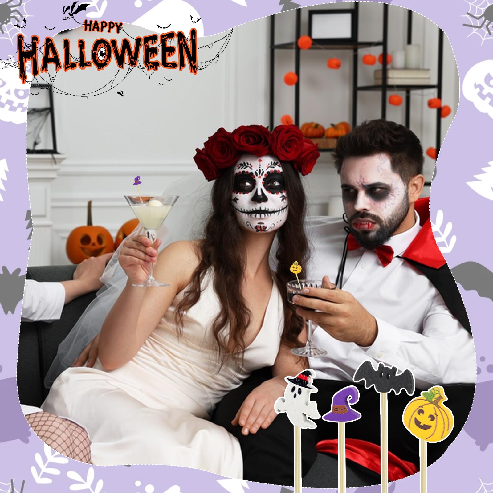 Xmart 200 Piezas Palillos Aperitivos Halloween Cóctel Brocheta Aperitivo Pinchos Cocktail con Sombrero Bruja Cabeza Calabaza MurciéLago y Decoraciones Fantasma para Temáticas Halloween Fiesta