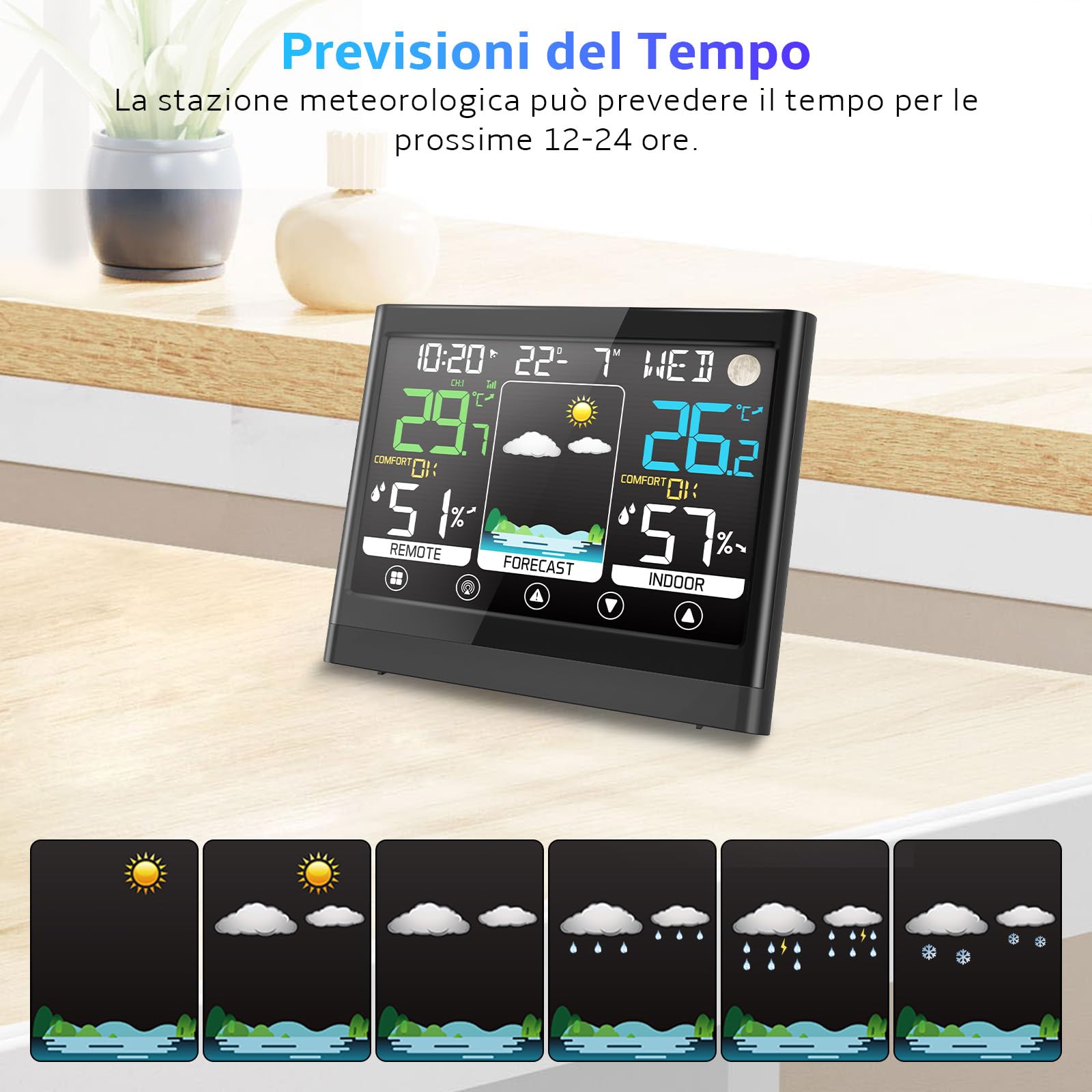 Stazione Meteo con Sensore Esterno, Termometro Igrometro Interno Digitale, Stazione Meteorologica Professionale, Ampio Schermo LCD Display, Sveglia Data Temperatura Umidità Previsioni di Tempo