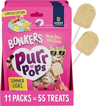 Bonkers Purrpops, Summer Edition Freeze Dried Chicken Flavored Lollipop Cat Treats, 55 Pieces 11 Packs