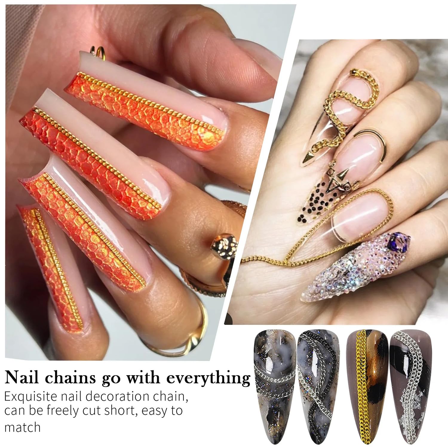 4 paquetes de 24 tiras de cadenas de uñas para arte de uñas, oro, plata, negro, multicolor, aleación de metal, cadenas de arte de uñas, dijes de uñas dorados, dijes de uñas plateados