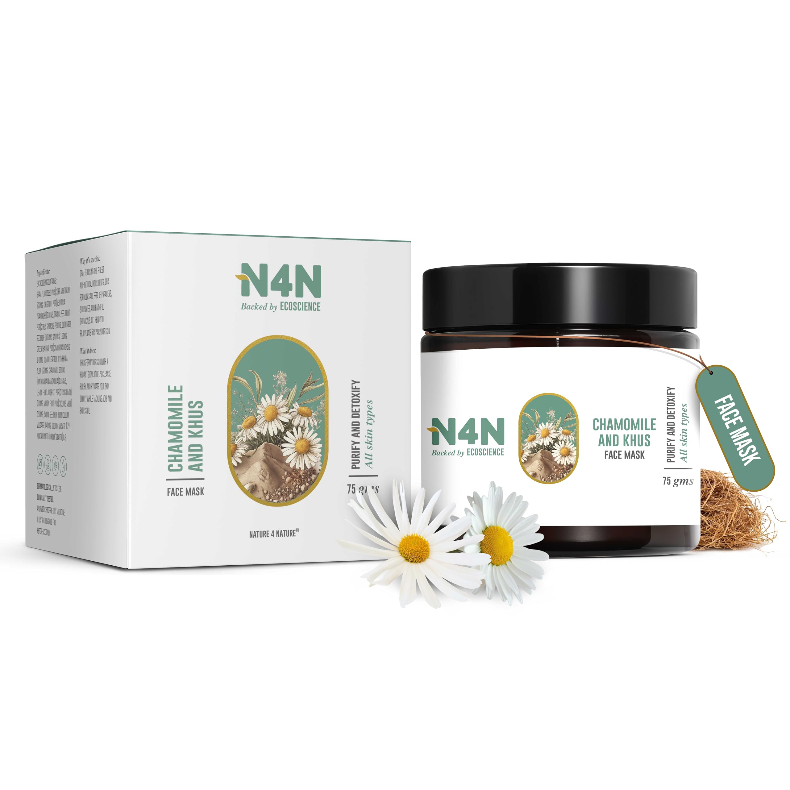 N4N Face Mask Natural Face Pack for Women & Men with Chamomile & Khus Hydrating, Brightening & Pore Cleansing for All Skin Types Paraben & Sulphate Free, Dermatologically Tested – 75 g