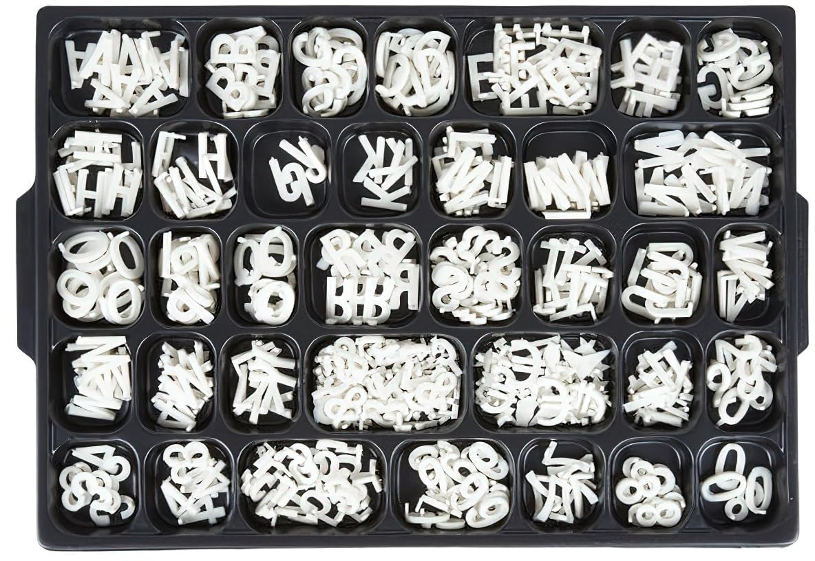 AARCO HF.75 Helvetica 3/4" Universal Single Tab Letter and Number Set; 165 White Characters; Plastic Construction; Characters Include Numbers and Letters; Single Tab on the Back; Assortment Tray