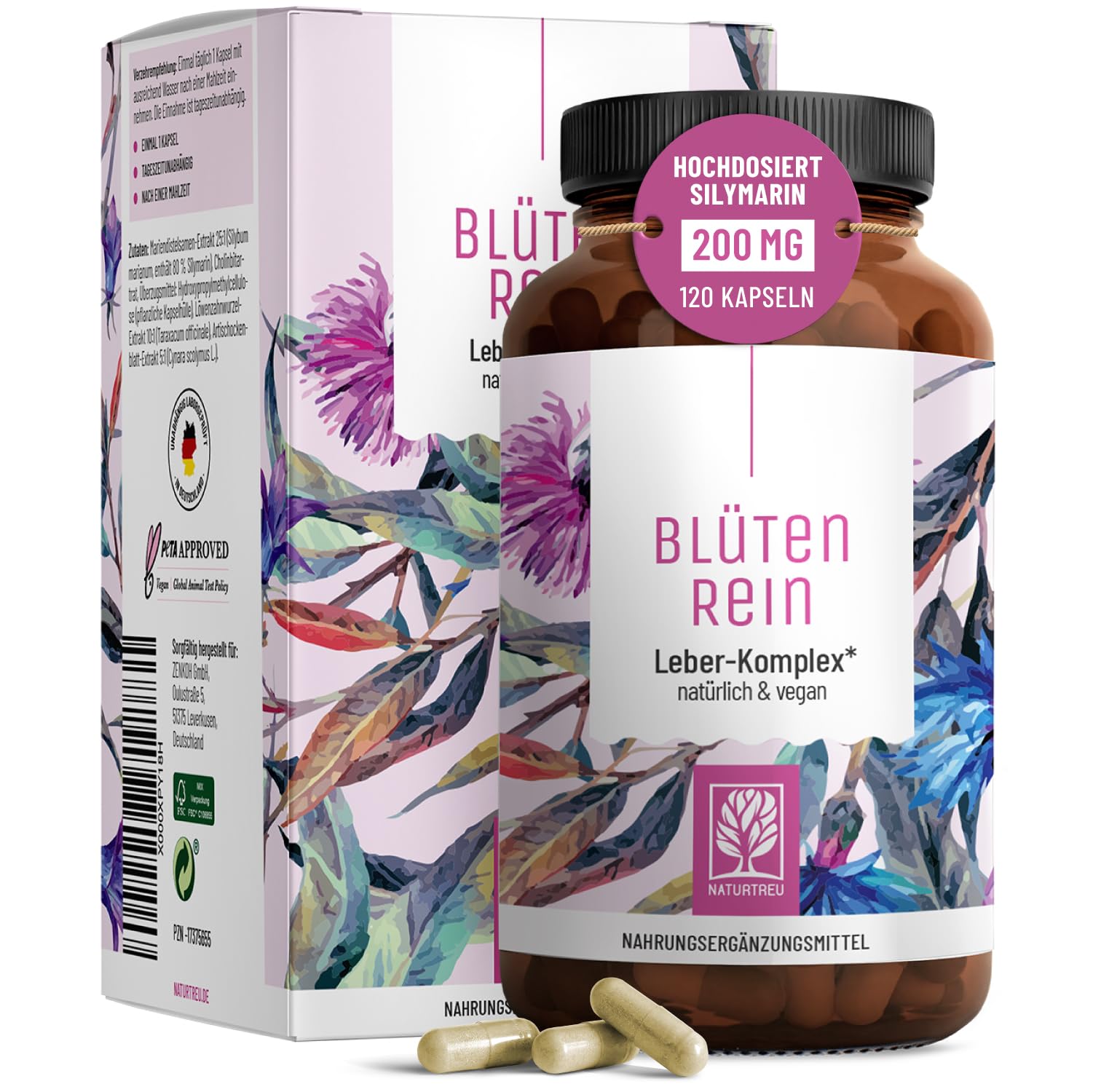 Blütenrein Mariendistel Artischocke Löwenzahn Kapseln - Leber Komplex mit Cholin für die normale Funktion der Leber - Mariendistel Hochdosiert 80% Silymarin 200 mg - 120 Kapseln - 4 fach Komplex