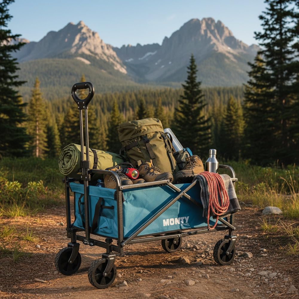 MONTY Carretilla Trolley Plegable Azul | 55 litros, 60 Kg | Estructura Acero con Pintura Anticorrosión, Mango Telescópico y Ruedas Giratorias Todoterreno | 2 Portabotellas