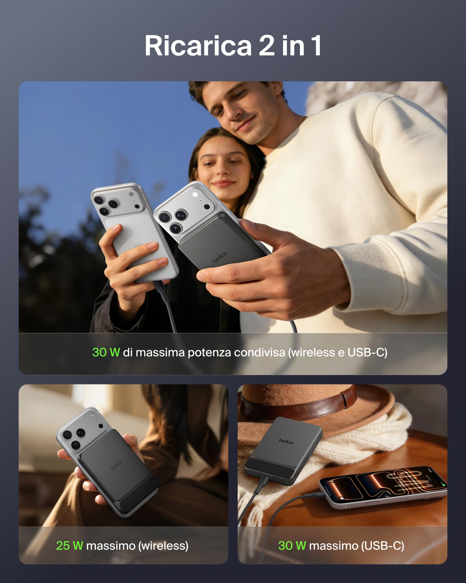 Belkin UltraCharge Power Bank Magnetico 1000mAh con Porta USB-C - Nero | Caricatore Portatile 10000mAh Sottile Wireless, Certificato Qi2 25W, Anello Magnetico, USBC, Precarico, Cavo, Sicuro in Aereo