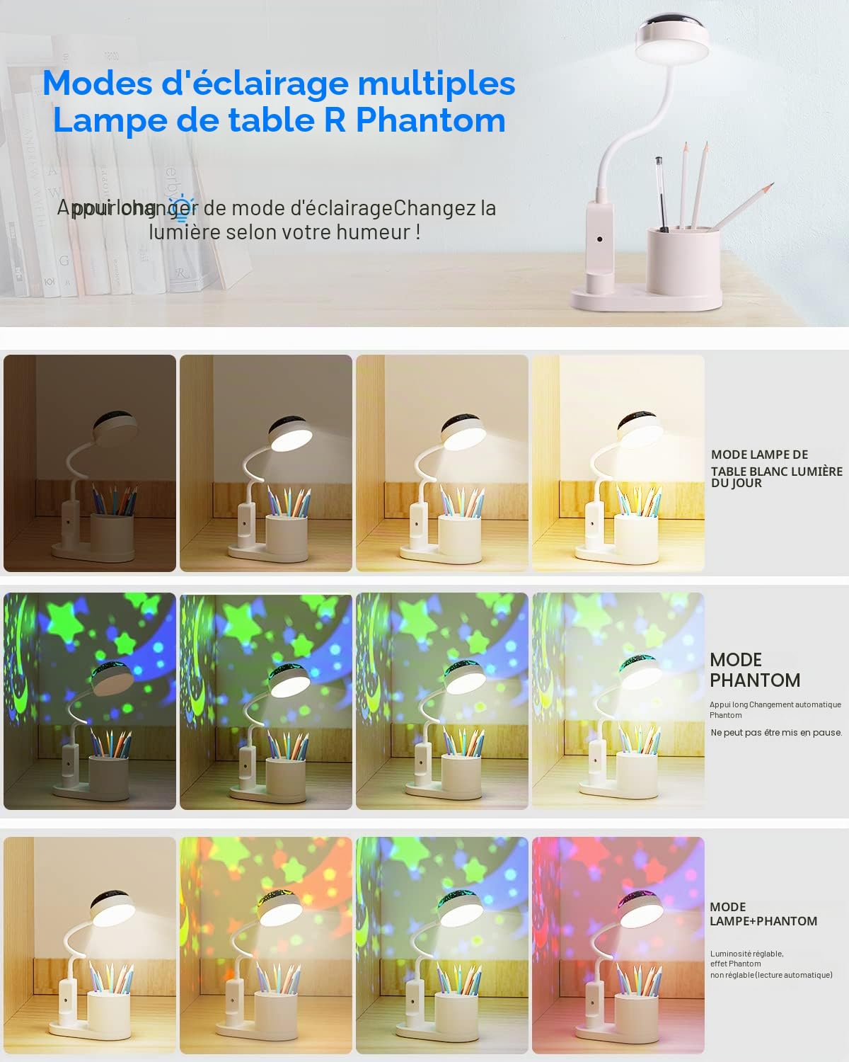 Lampe de Bureau pour Enfants avec Projecteur,Flexible Lampe de Table Sans Fil Dimmable Lampe de Lecture Rechargeable Lampe de Chevet LED Lampe d'étude avec Porte-stylo et Projection d'étoile
