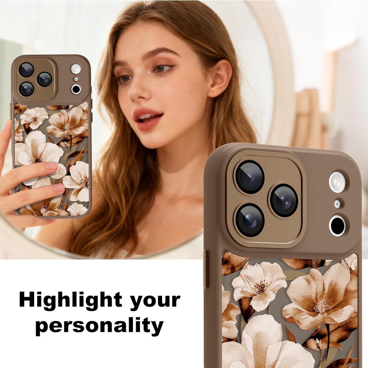 Magnetic for iPhone 17 Pro Max Case, Compatible with Magsafe, Cute Floral Pattern for Women Girls, Full Camera Protection, Translucent Matte Shockproof Protective Phone Cover, Brown
