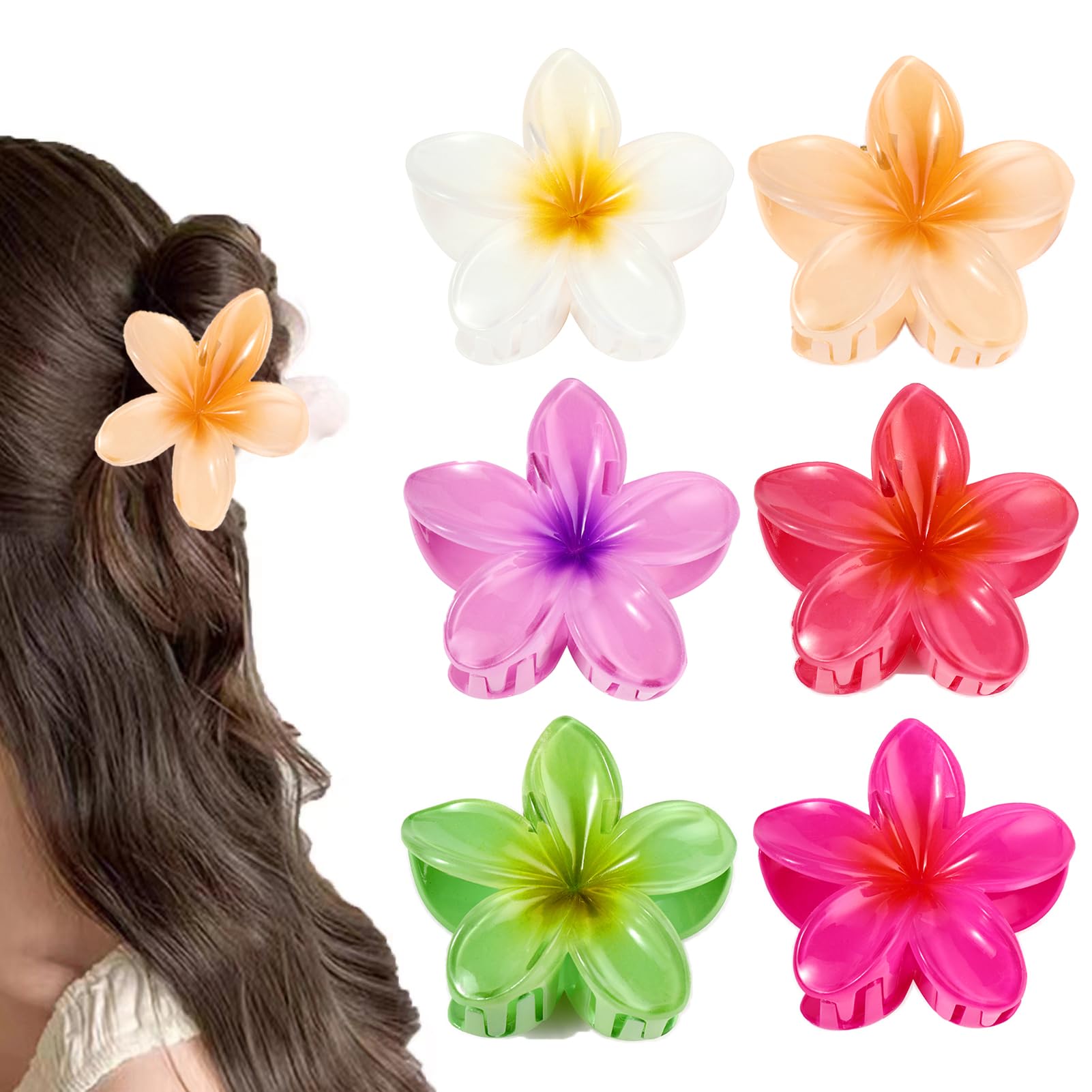 GFORI 6 Stück Hawaii Blumen-Haarklammern, 8 cm große Plumeria Blumenklammer, dünnes, dickes, lockiges Haar für Damen, starke, Rutschfeste Hibiskus-Haarspange, Strand-Haar-Accessoires für Frauen(neu)