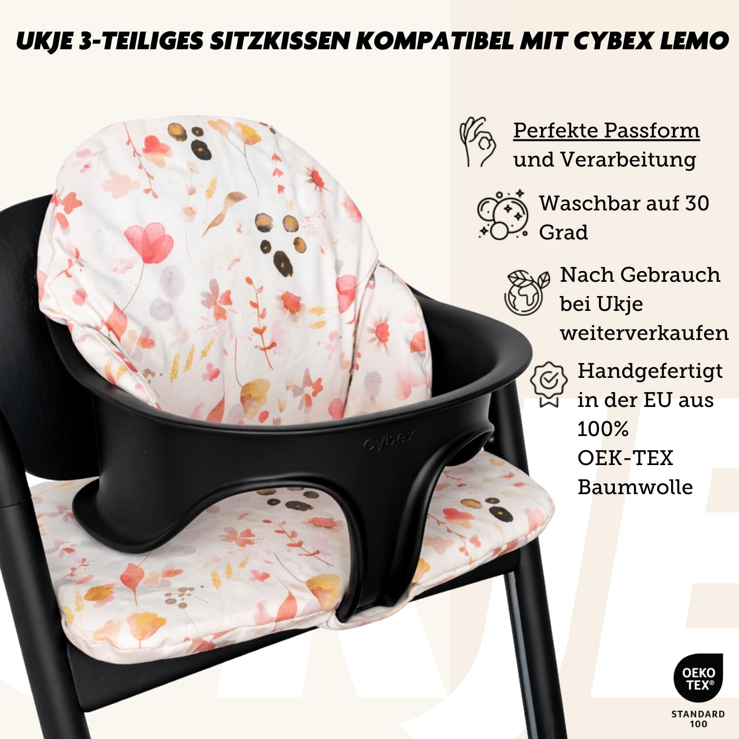 Ukje 3 Stück Kissen kompatibel mit CYBEX Lemo - Dickes - Atmungsaktives Baumwollgewebe 100% Oeko-Tex Baumwolle - Wasserdichtes Futter - Handgefertigt in EU (Flowers)