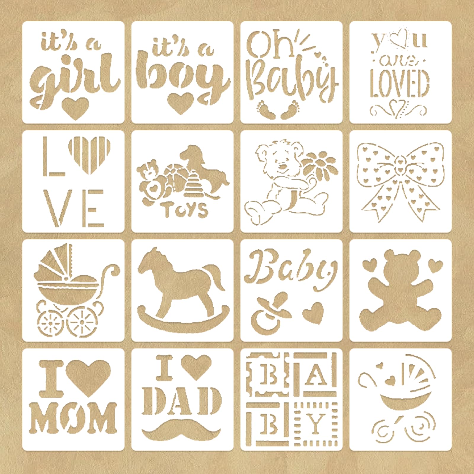16Pcs Baby Shower Stencil Painting Kit - Plastic Drawing Stencils Template, Perfect for Onesie Bib Decorating & DIY Crafts -Reusable Mixed Phrase