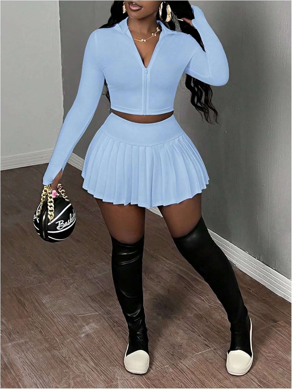 SOLY HUX Women's Skirt Sets 2 Piece Outfits Long Sleeve Crop Top with Pleated Mini Skirt Set Party Outfits for Women - Image 5