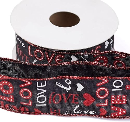Factory Direct Craft - Cinta de satén con borde con alambre de color negro y rojo para el día de San Valentín cinta de amor con purpurina para disponible en Yaxa Colombia