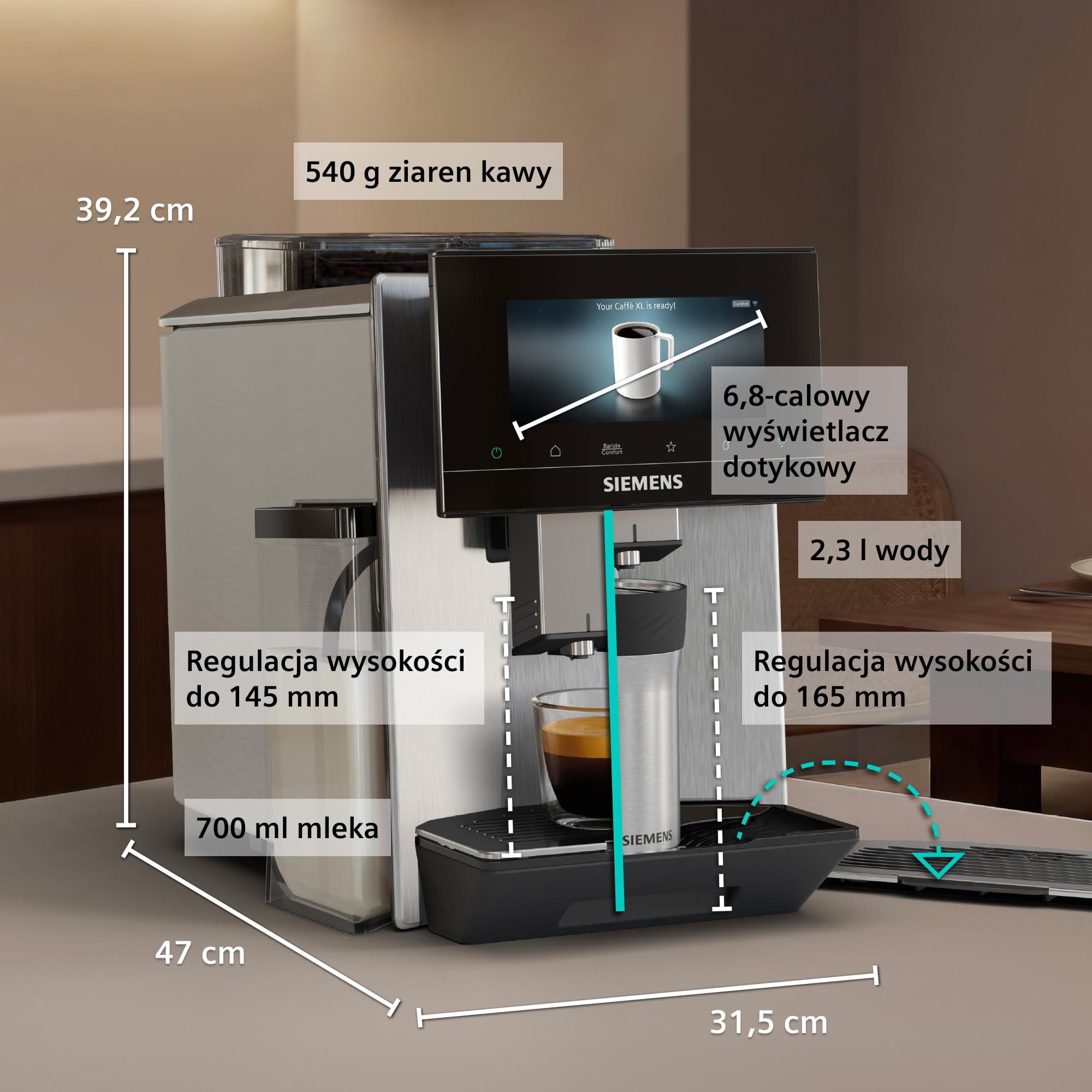 Siemens, automatyczny ekspres do espresso, EQ900 iAroma, spersonalizowane ustawienia smaku, precyzyjne mielenie, duży wyświetlacz, dwa pojemniki na ziarna, stal nierdzewna, TQ927E03