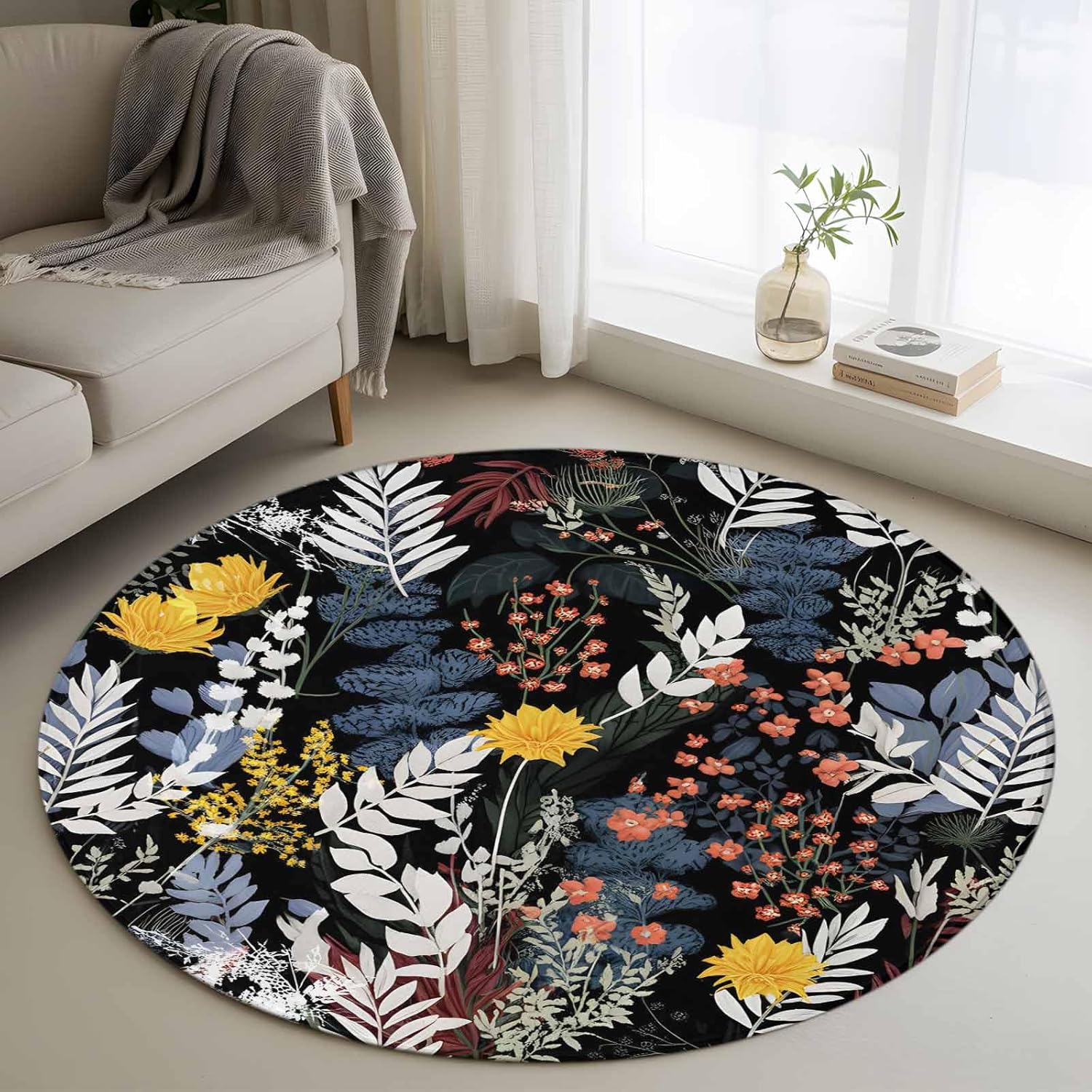 Round Rugs 4Ft, Wildflowers Blossom Washable Rug for Living Room Low Pile Indoor Floor Carpet, Black Spring Garden Botanical Floral Non-Skid Bathroom Rug Kitchen Runner Rugs for Bedroom
