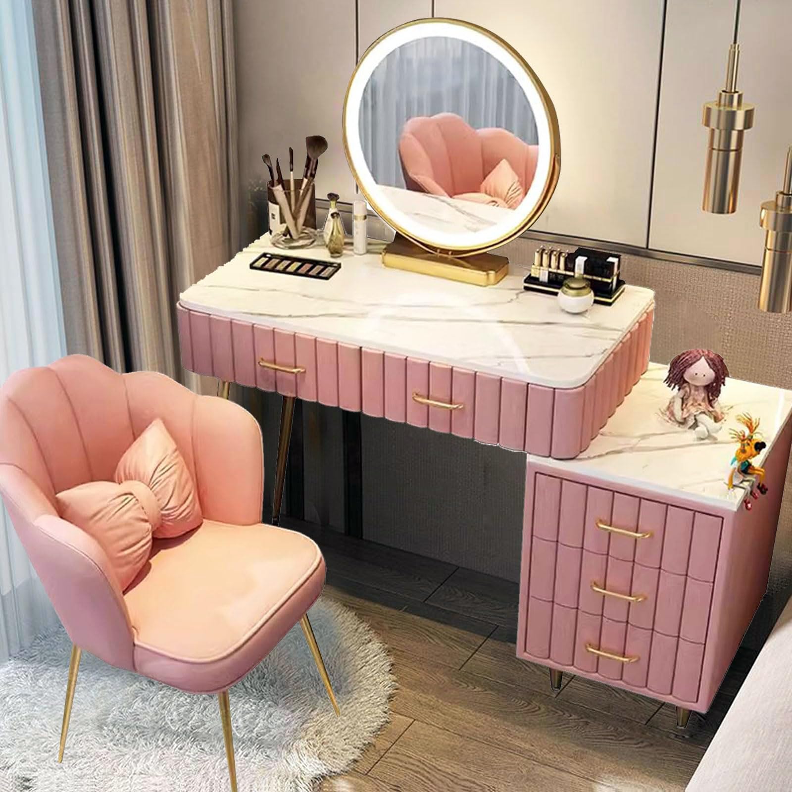 asdchZen Makeup Vanity Set With Mirror & 3 Led Lights Stylish Dresser Table With Cushioned Stool For Bedroom Elegant Makeup Desk With Soft Fur Accent