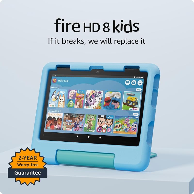 Tableta Amazon Fire HD 8 para niños, de 3 a 7 años | Memoria de 4 GB, incluye contenido exclusivo y sin publicidad, controles parentales y batería de 13 horas, 64 GB, azul, (versión 2024)