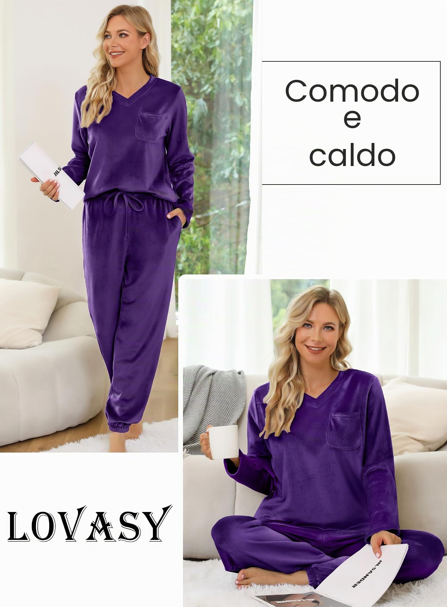 Lovasy Pigiama Donna in Pile Invernale Caldo Morbido e Confortevole | Pigiama a Maniche Lunghe con Scollo a V Set Pigiami Due Pezzi Leggero con Tasche