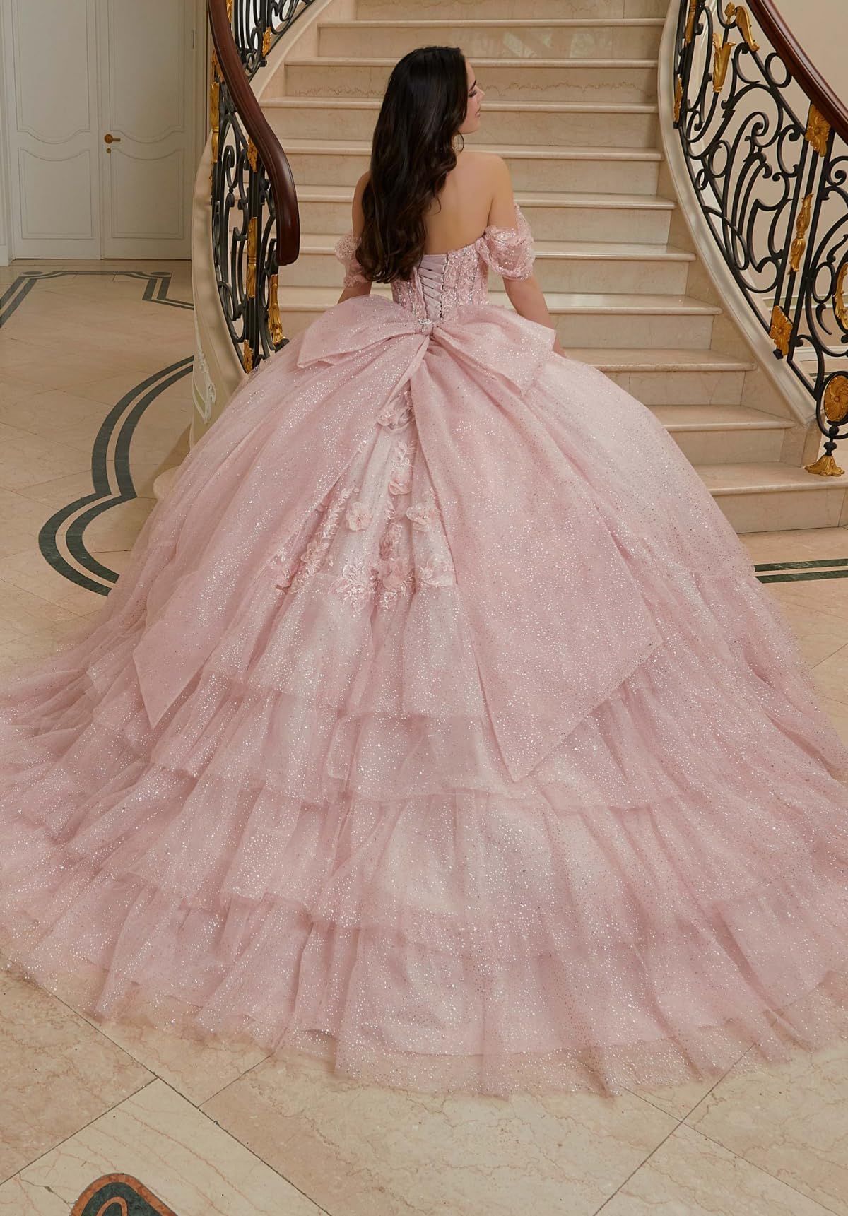 Vestidos de quinceañera con Volantes Hombros Descubiertos Tul Lazo Dulce 16 Cola MT025