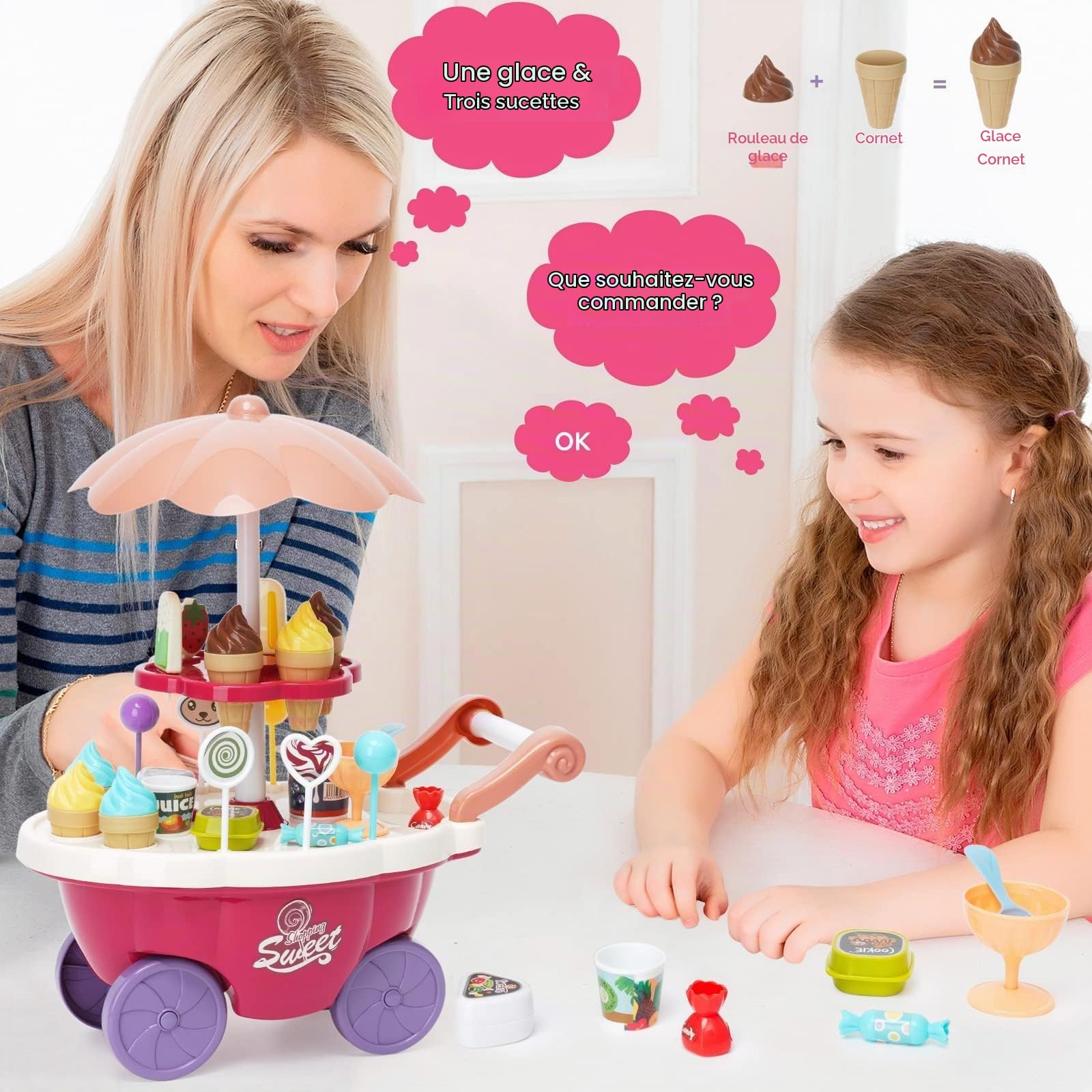 Chariot à Glace Enfant, Jouet à Crème Glacier 36 Pièces, Jeu de Rôle Éducatif avec Sucettes Chocolat, Jouet de Crème Glacée pour Enfant Filles 3 Ans