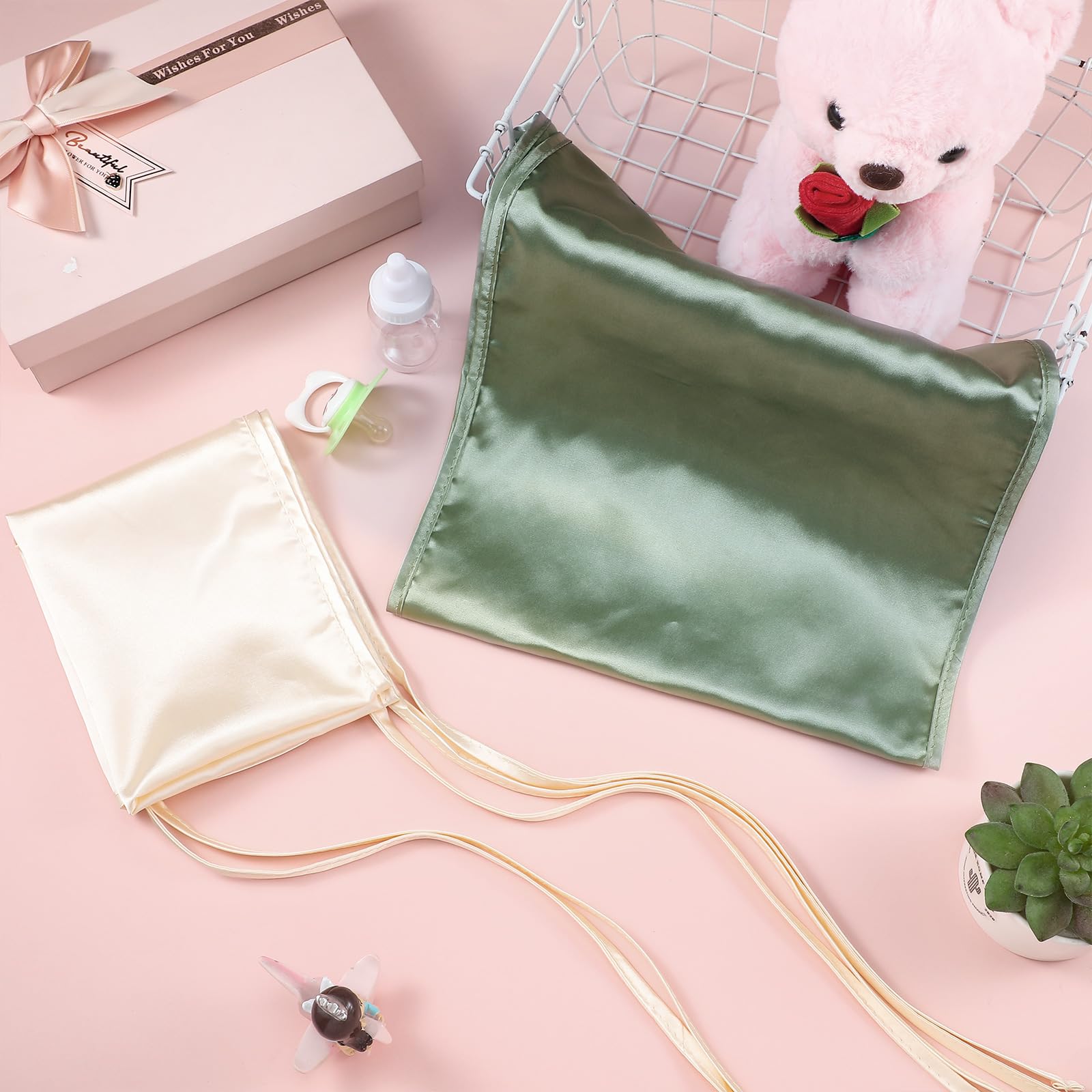 Hosuly 2 Pcs Satin Bassinet Sheet Baby Hair Soft Silk Feeling Sheet Baby Bassinet for Rectangle Cradle Pad Mattress Boys Girls Newborn Infant(Green and White) - Image 3