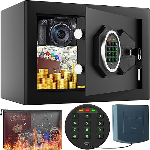 Caja fuerte para el hogar con bolsa ignífuga y teclado retroiluminado, caja de seguridad personal pequeña de 0.4 pies cúbicos para el hogar con modo