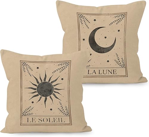 Le Soleil La Luna Tarot Sun and Moon Mystic - Juego de 2 fundas de almohada decorativas, regalos para los amantes del tarot, funda de almohada de