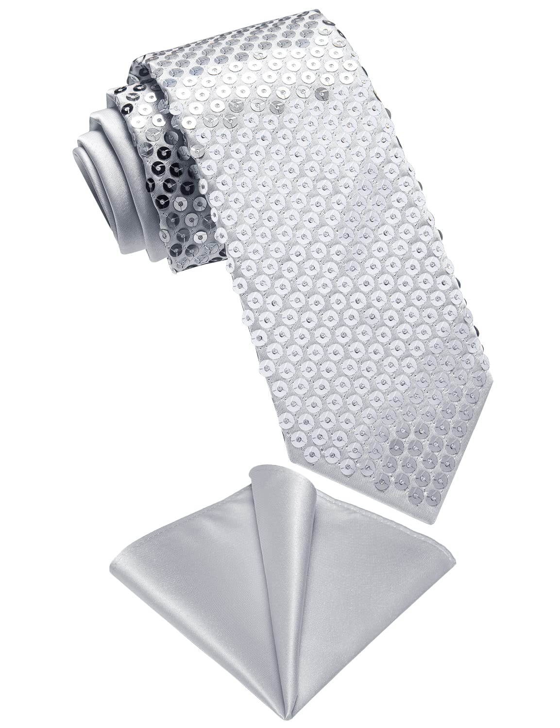 DiBanGu Mens Sequin Skinny Tie and Pocket Square Set,Shiny Solid Necktie Formal Satin Slim Ties for Party Wedding